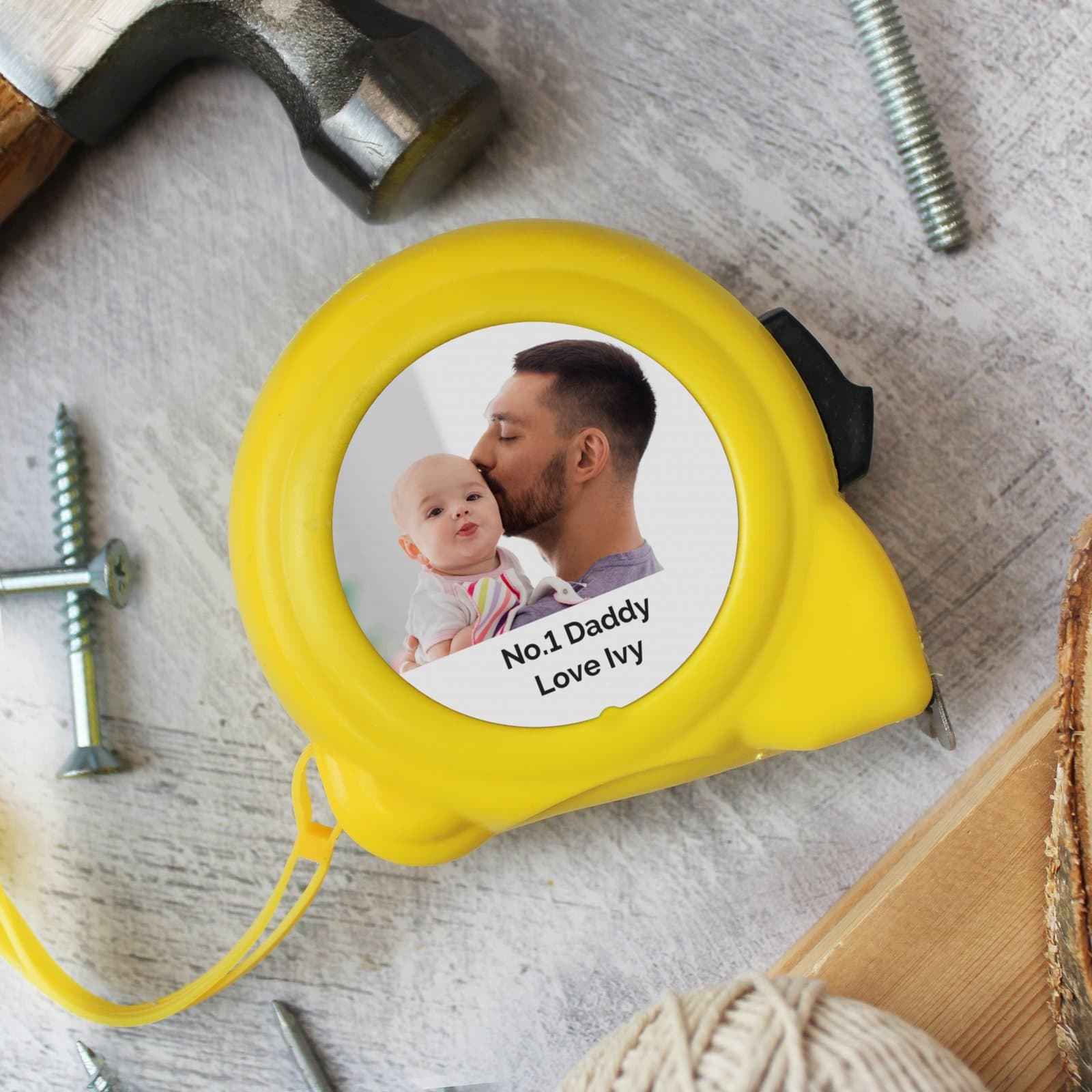 Personalised tape measure with an uploaded photo and a message