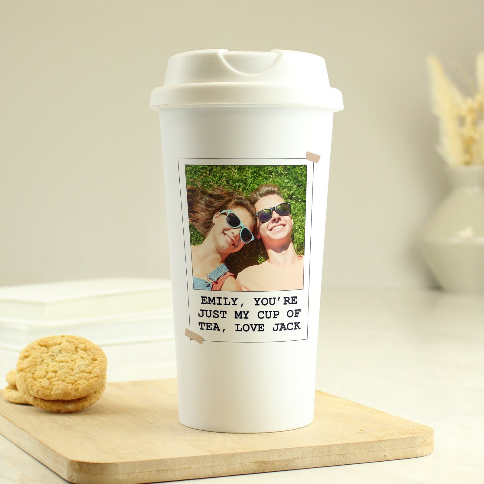 Plastic travel mug with a photo and three lines of text and a screw-on lid