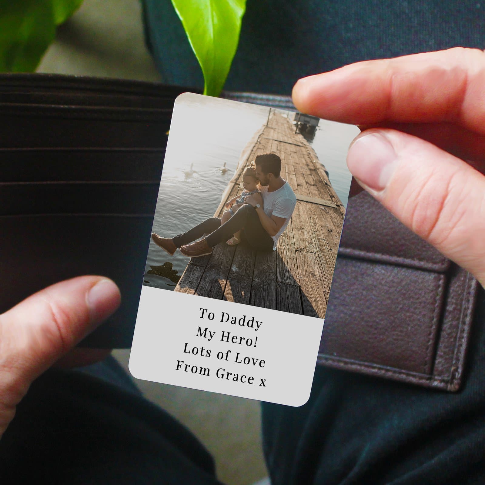 Personalised metal wallet card with a photo and four lines of text
