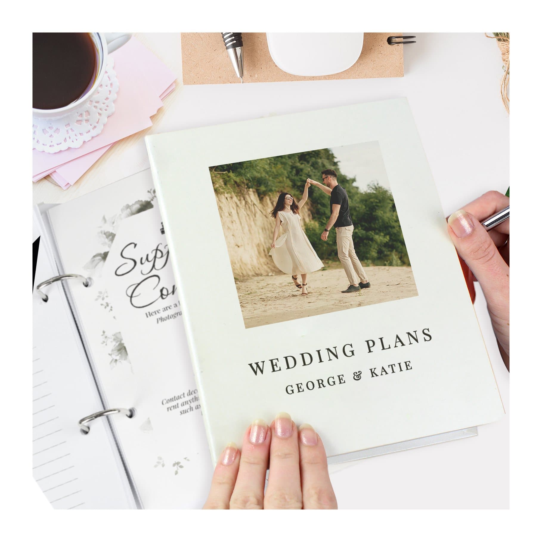 Personalised ring-bound wedding planner with a photo on the front cover