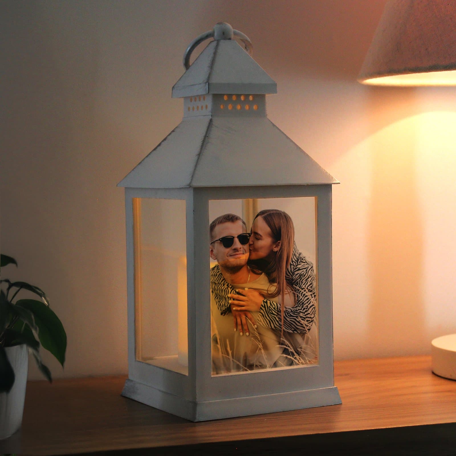 White LED lantern with a hoop on top, personalised with a photo
