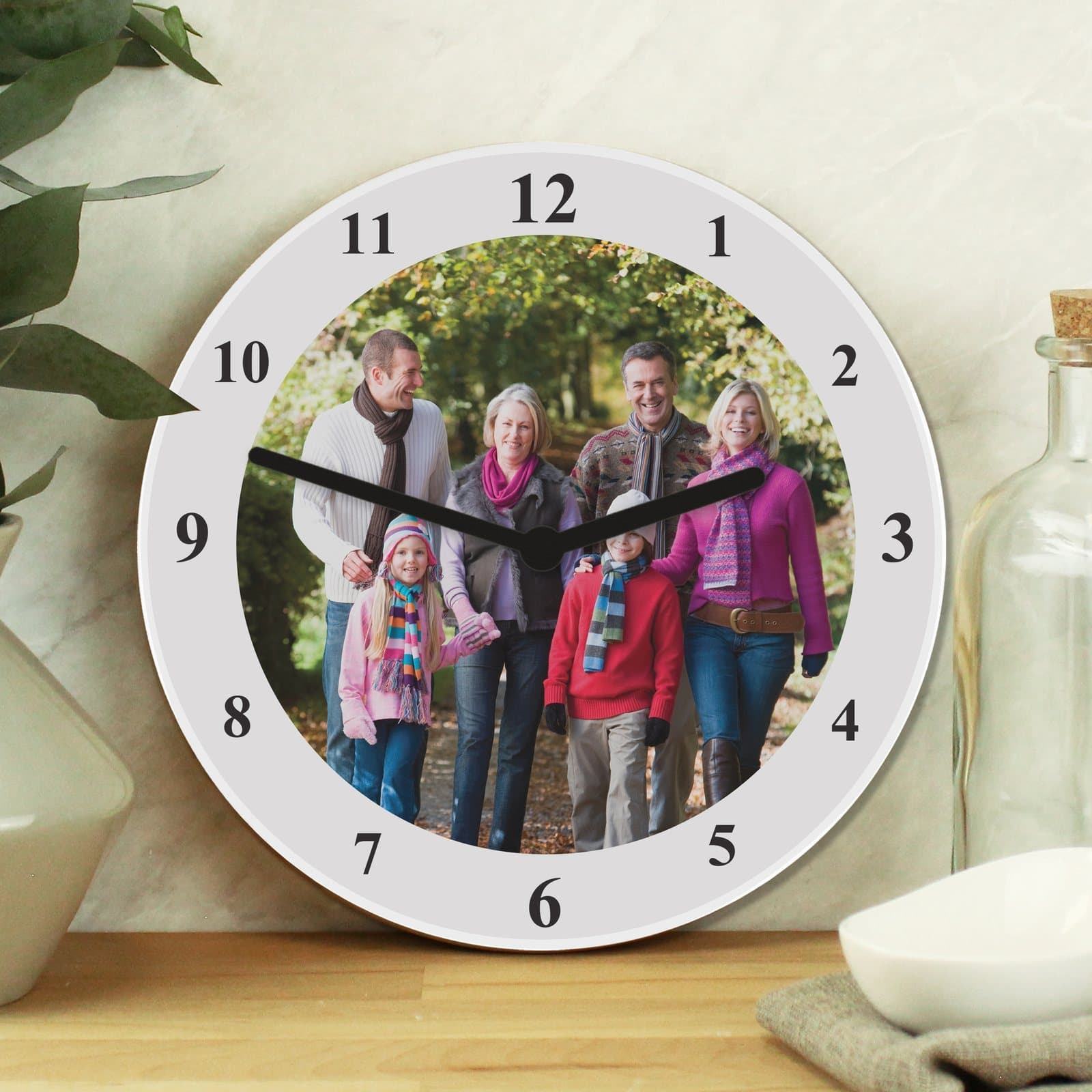 Personalised square white wooden clock with an uploaded photo
