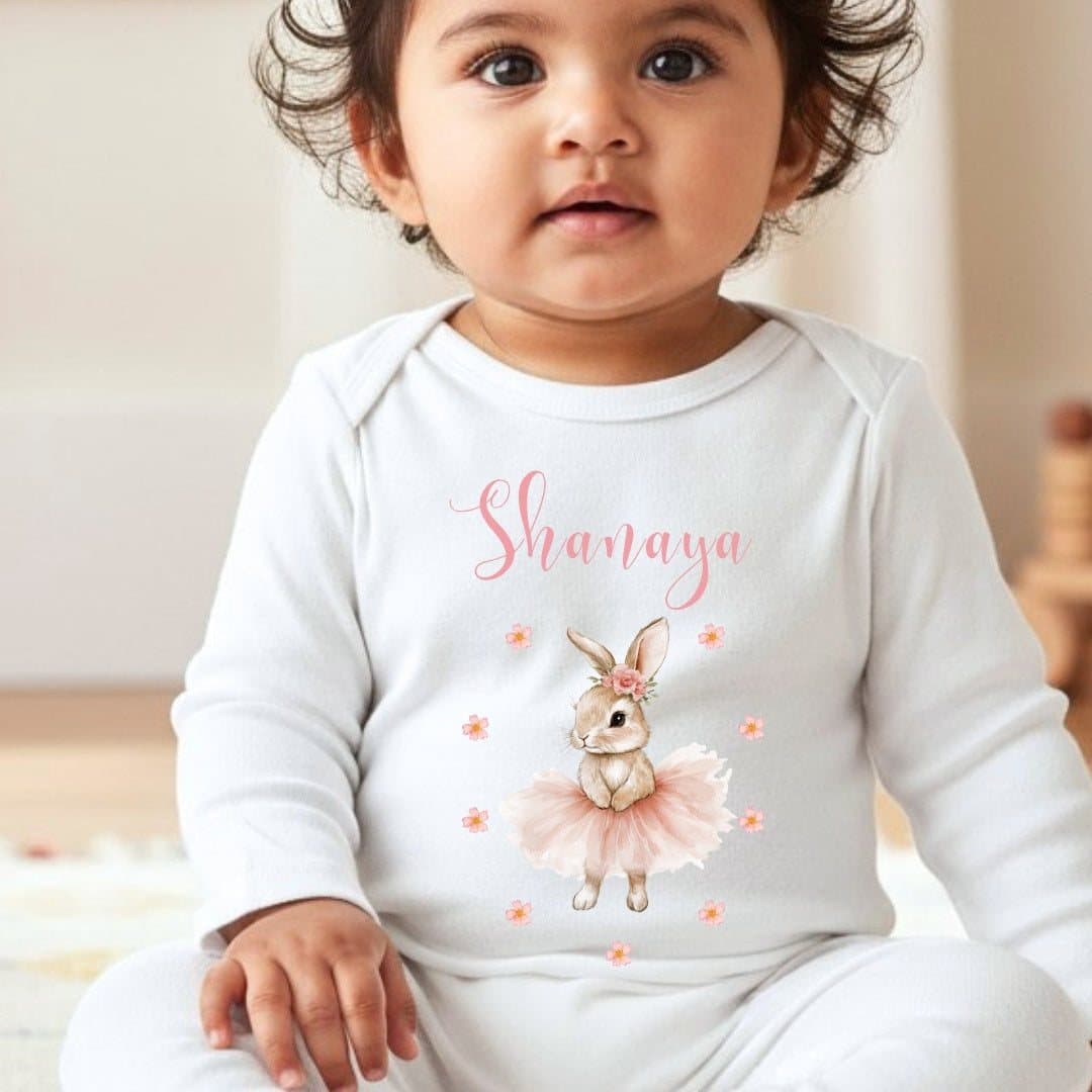 Personalised pink baby grow with a ballet bunny design