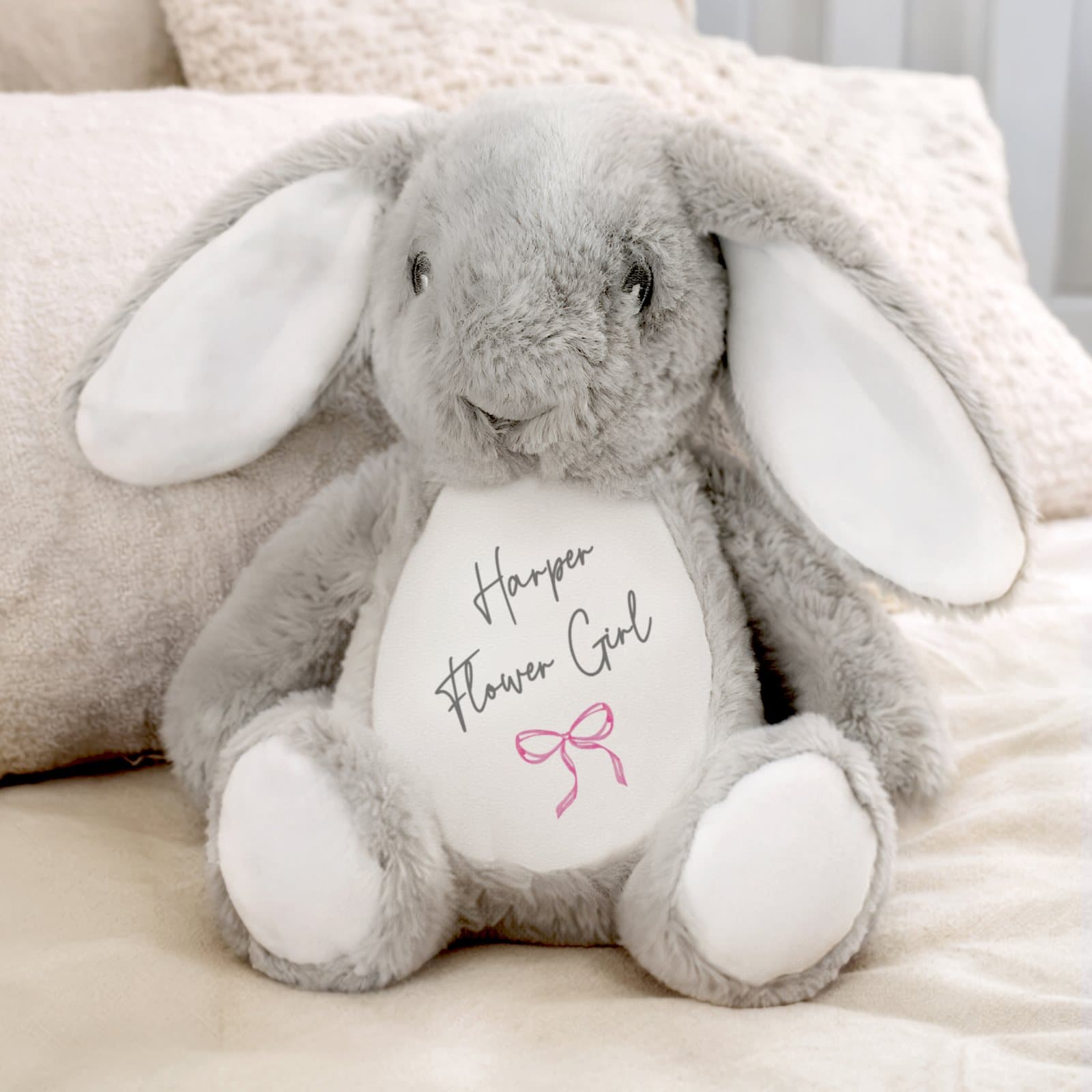 Soft pink bow bunny personalised with a flower girl's name and role