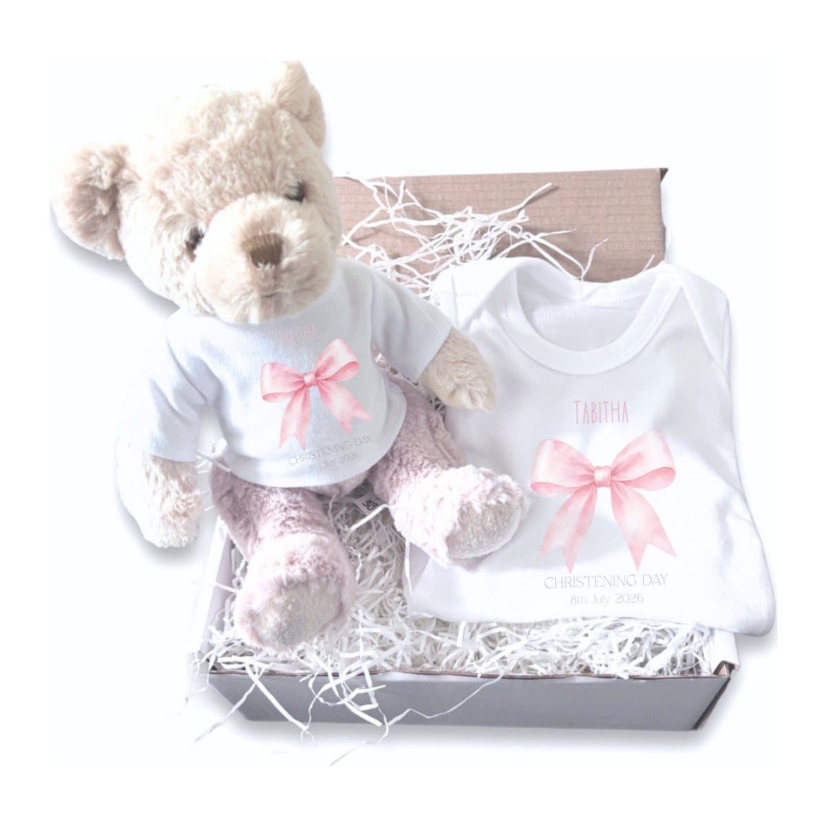 Personalised pink bow christening baby vest and teddy bear in a white box