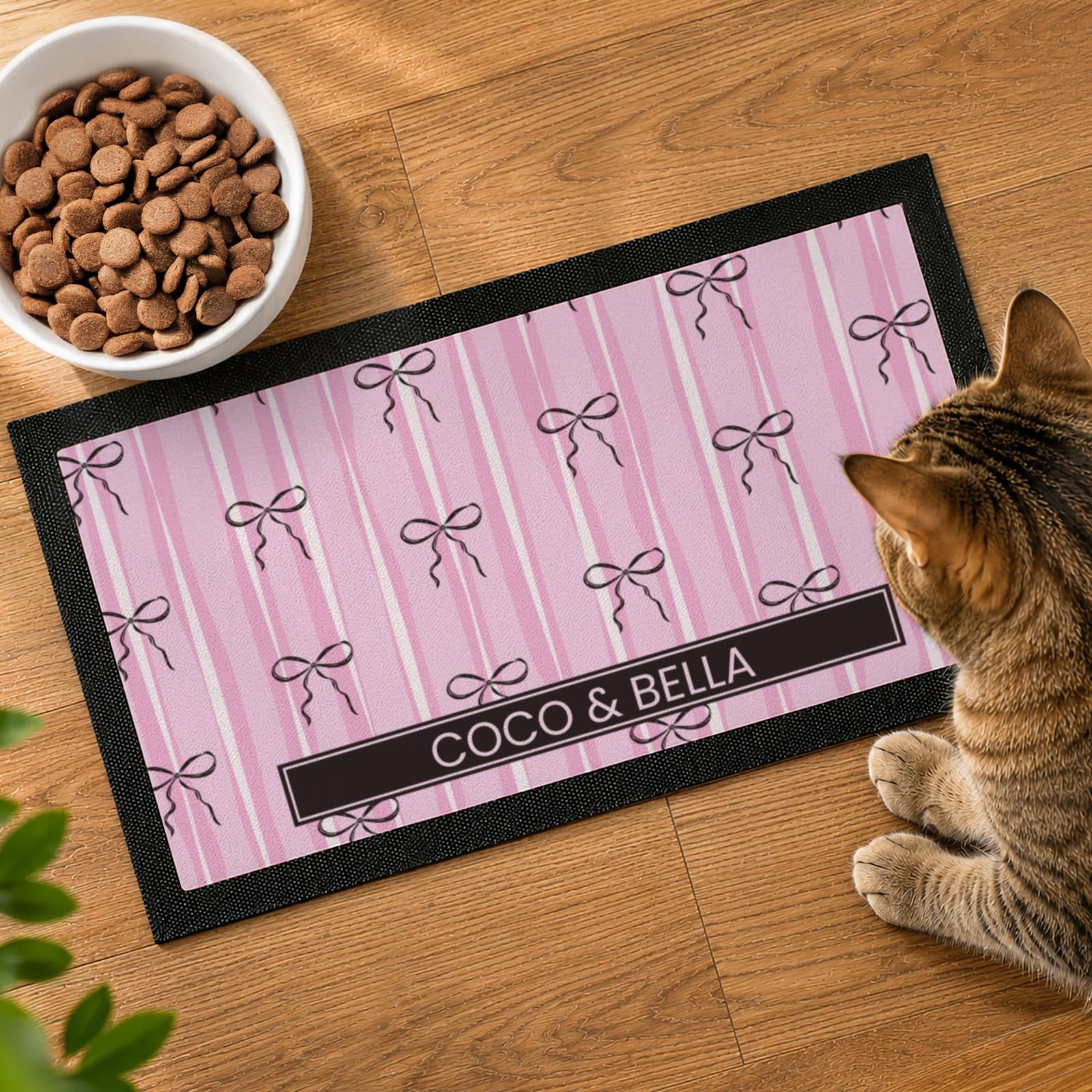Pink bow pet bowl mat personalised with a name