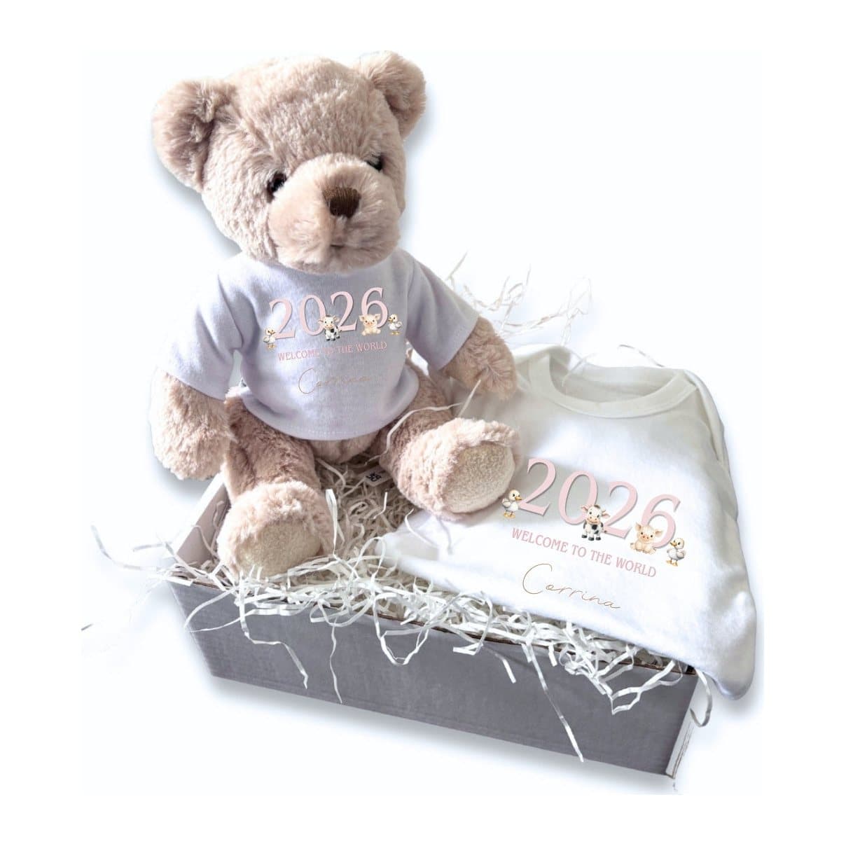 Personalised pink farm animals baby gift box with a teddy and a baby vest