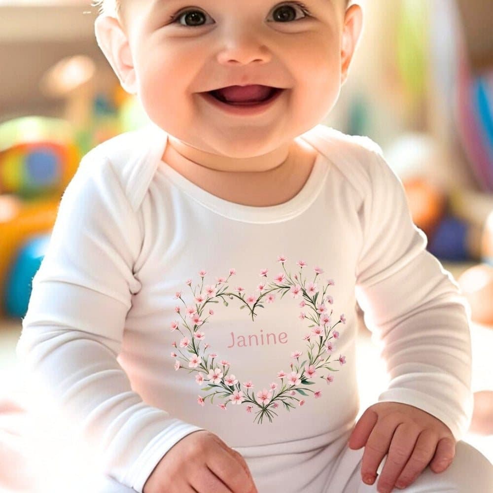 Pink floral heart personalised baby outfit with a name printed on the design