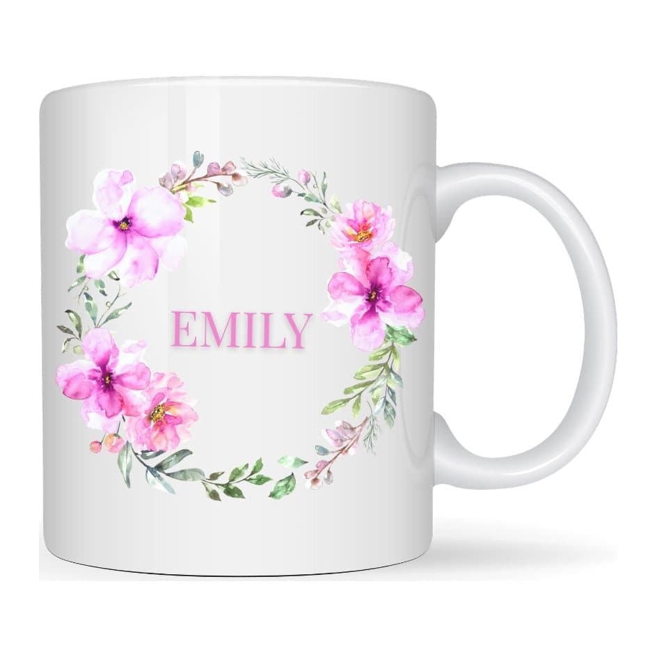 Pink flower wreath design on a personalised ceramic mug