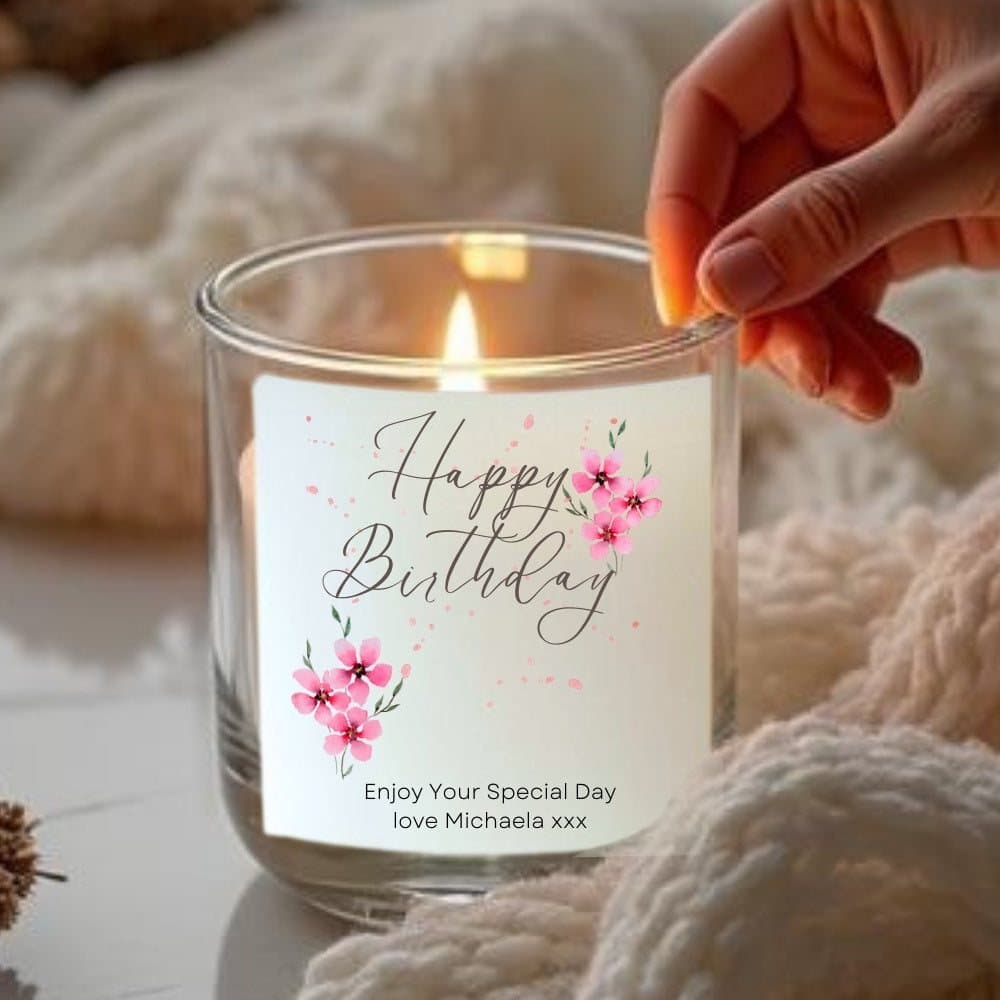 Pink flowers birthday candle set with chocolate hearts and matches