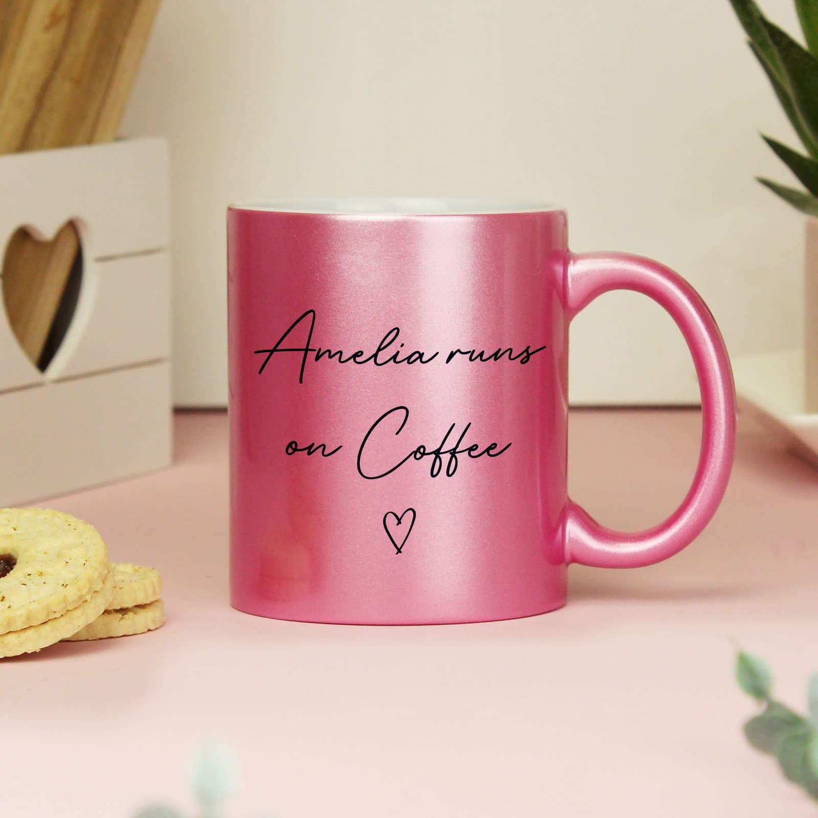 Pink glitter ceramic mug personalised with two lines of text