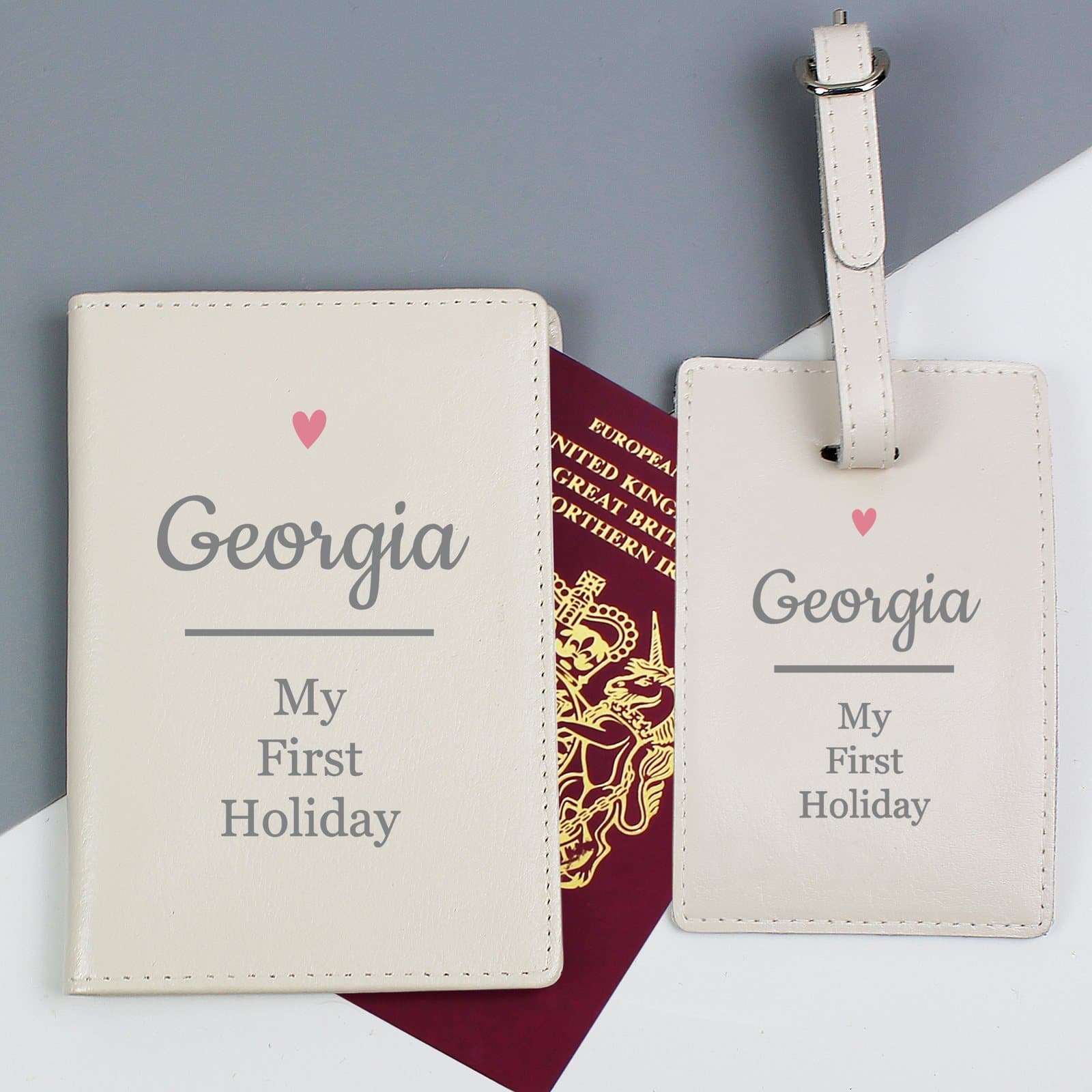 Cream leather passport holder and luggage tag set with a pink heart