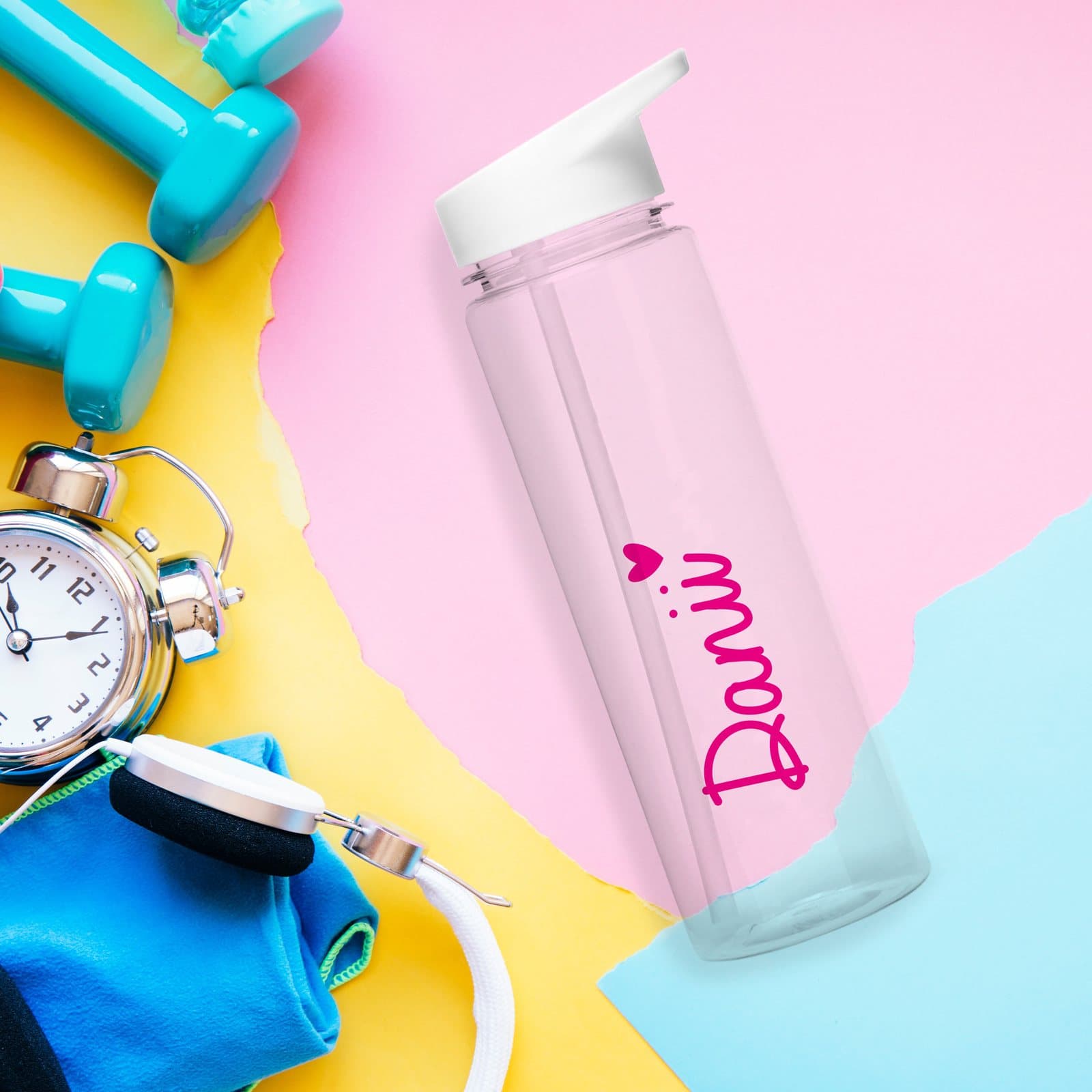Transparent personalised water bottle with a pink heart and white lid