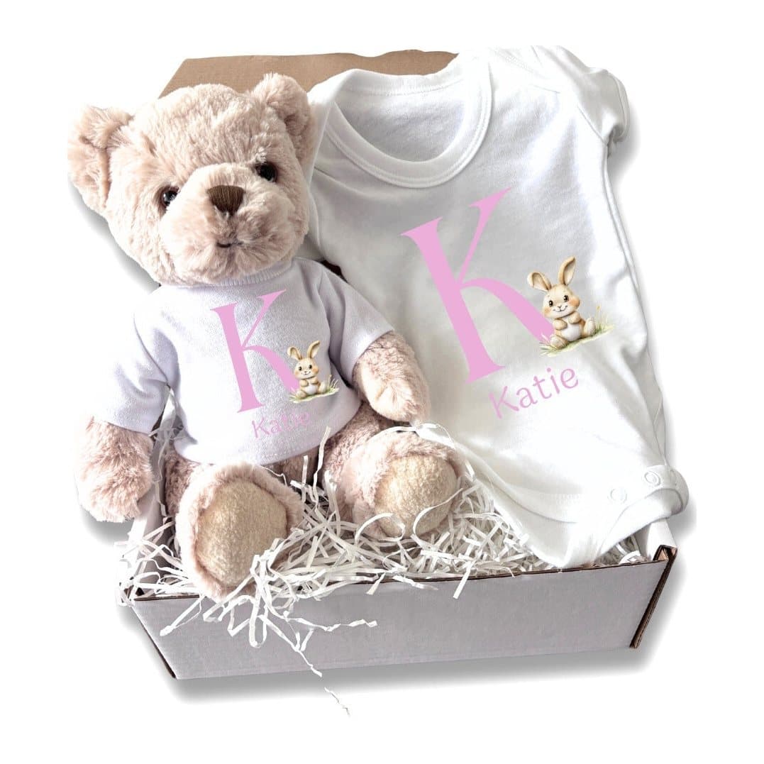 Personalised pink initial bunny baby gift box with a teddy and a vest