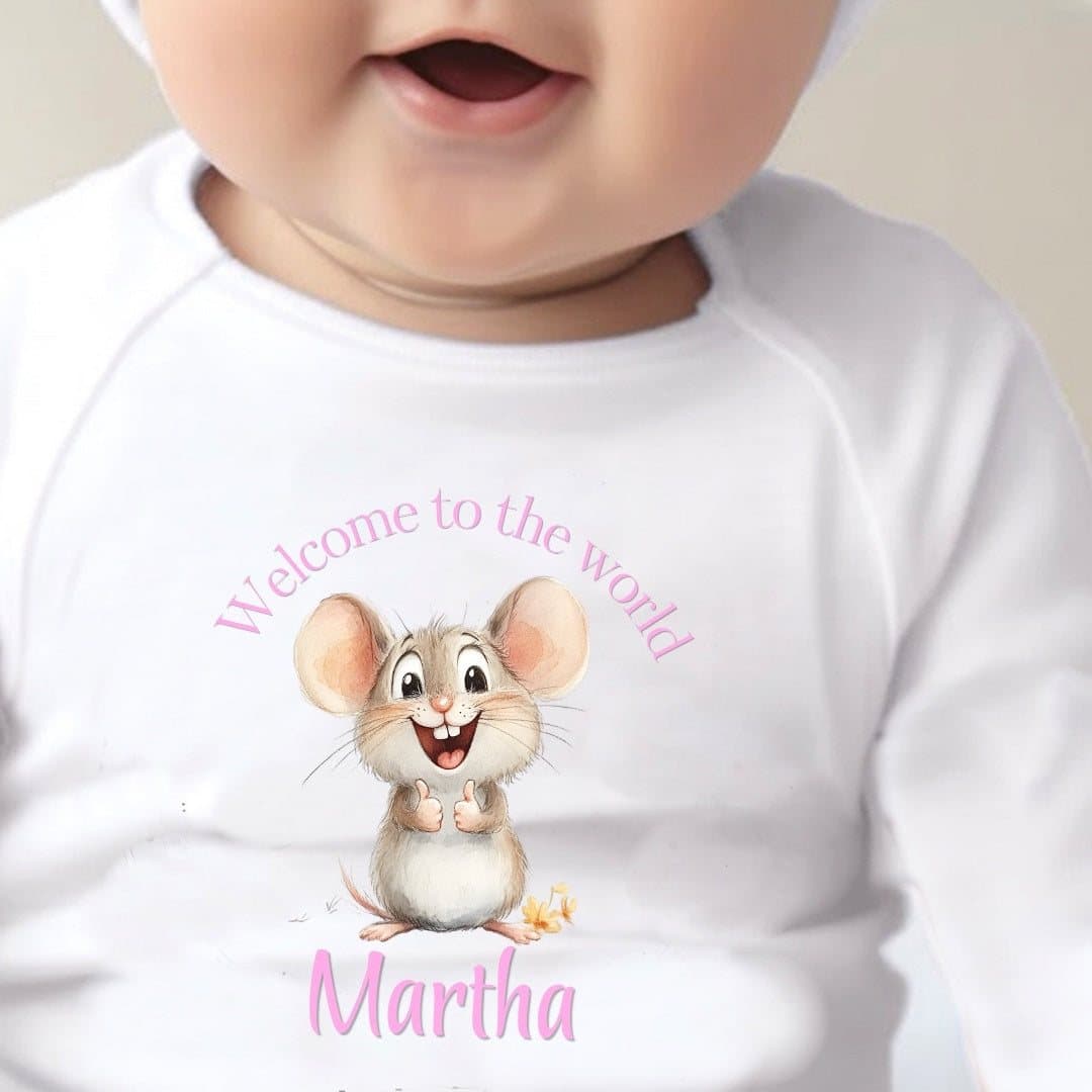 Pink mouse design on a personalised baby outfit