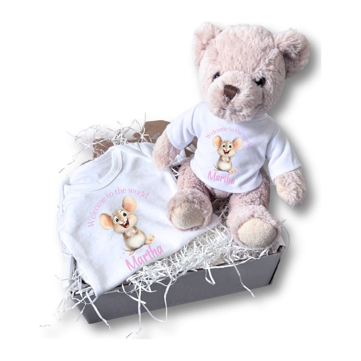 Personalised pink mouse baby gift box with a teddy bear and a baby vest