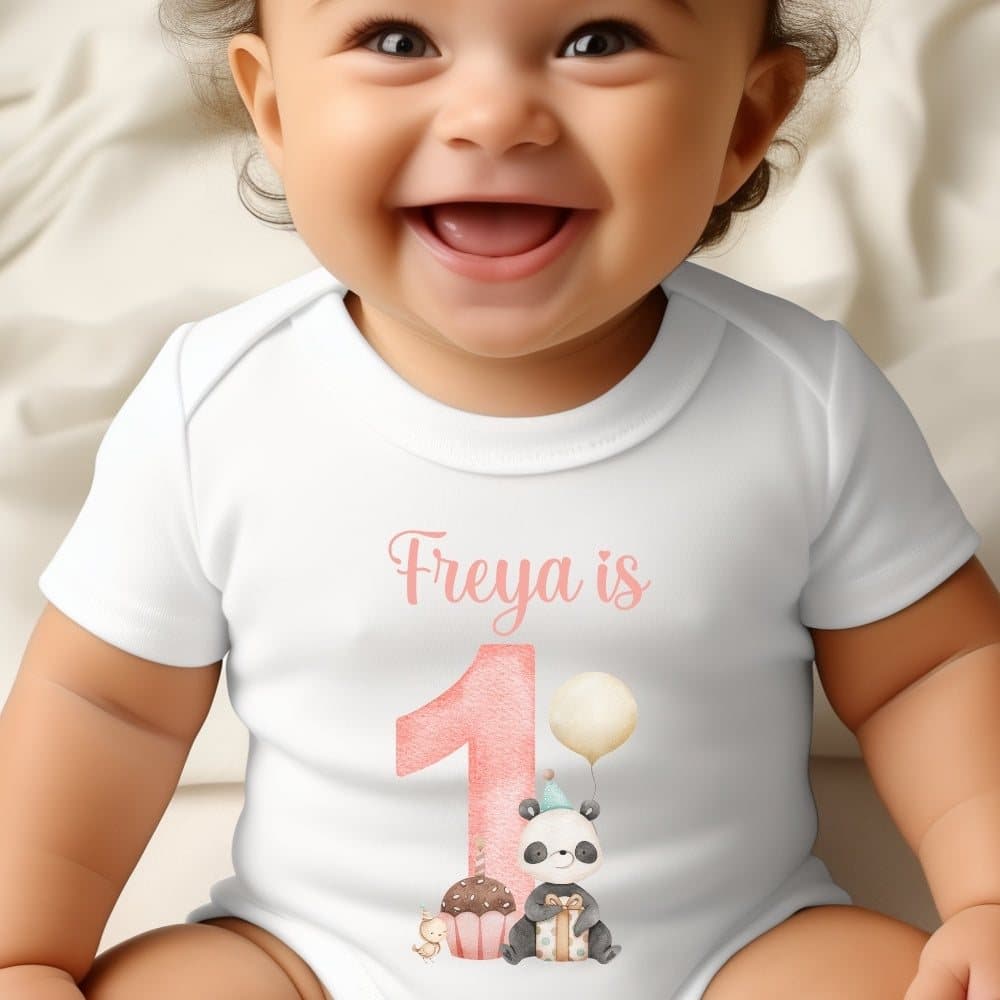 Pink panda 1st birthday baby grow with a large 1 and a cute panda design