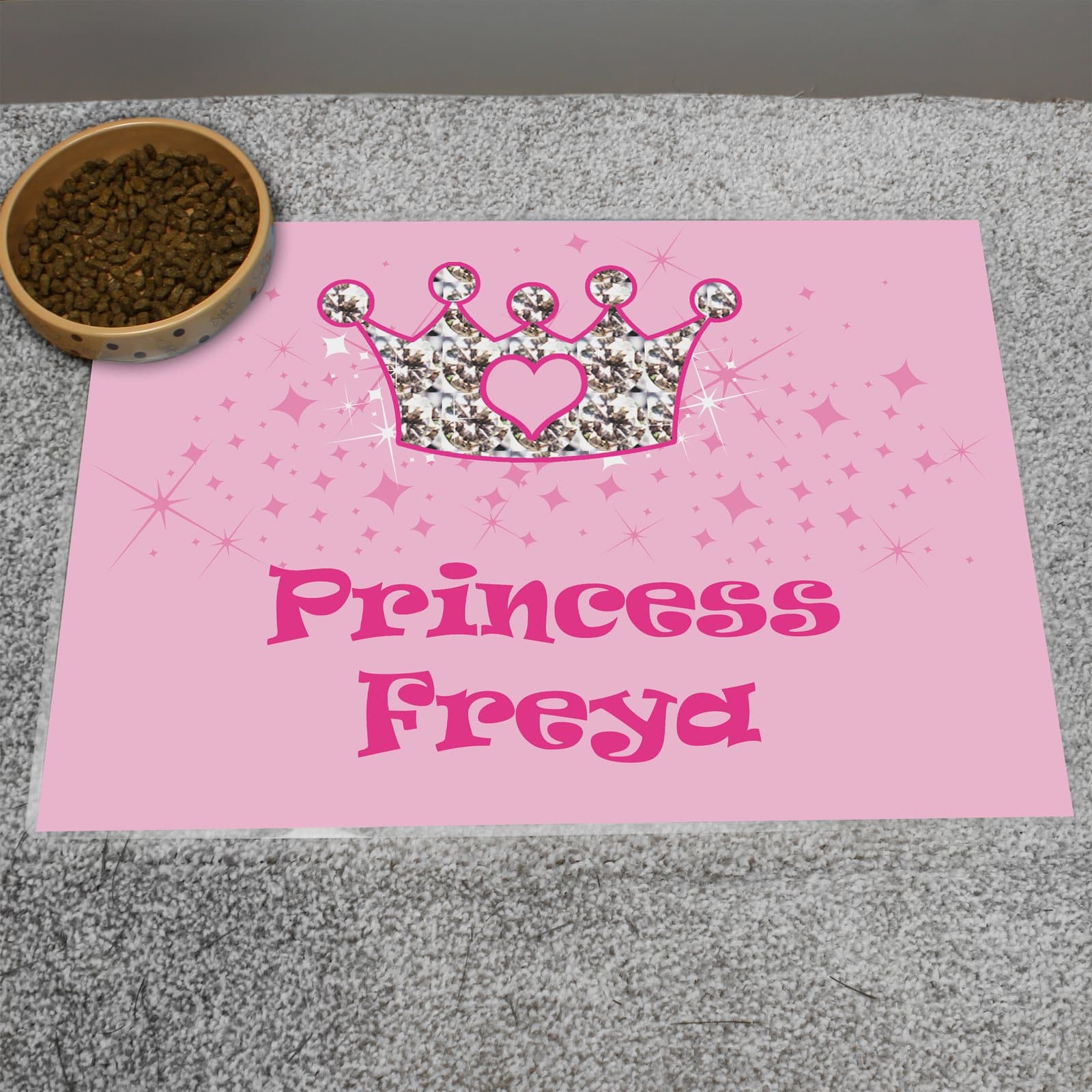 Pink princess pet bowl mat personalised with a pet's name
