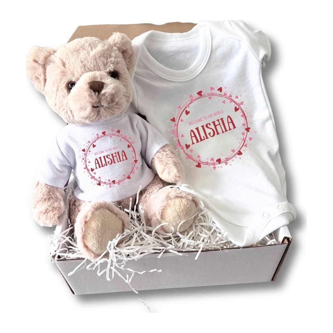 Personalised pink and red hearts baby gift box with a teddy bear and baby vest