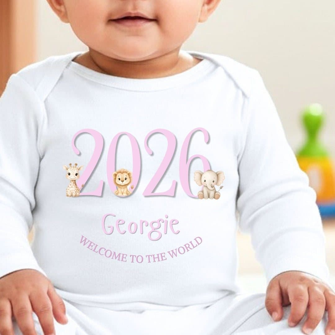 Pink baby grow, vest or bib with a safari animal design and a name