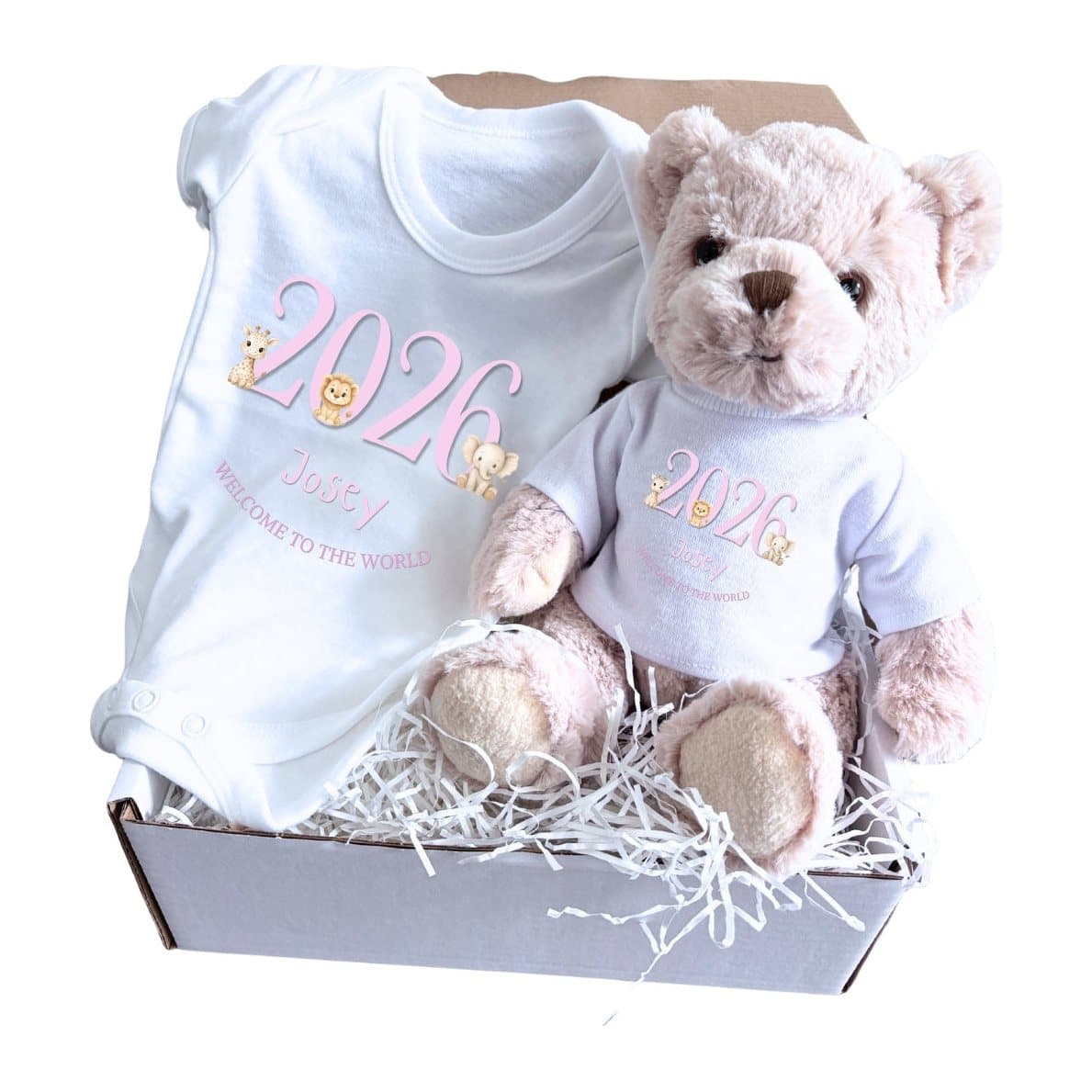 Pink Safari Animals design on a baby vest, shown with a teddy bear