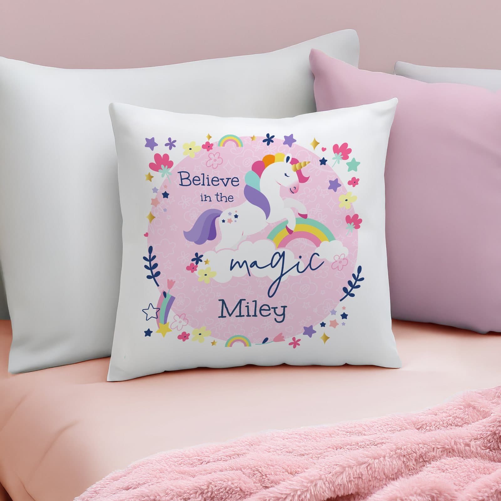Pink unicorn cushion with a name