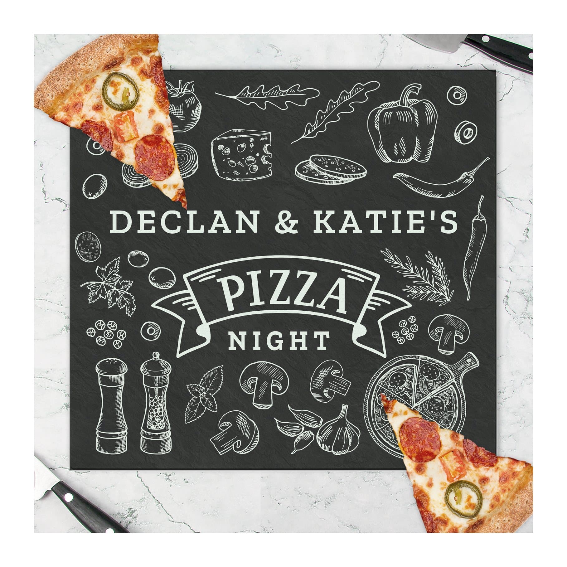Glass chopping board with a pizza design and a personalised line of text