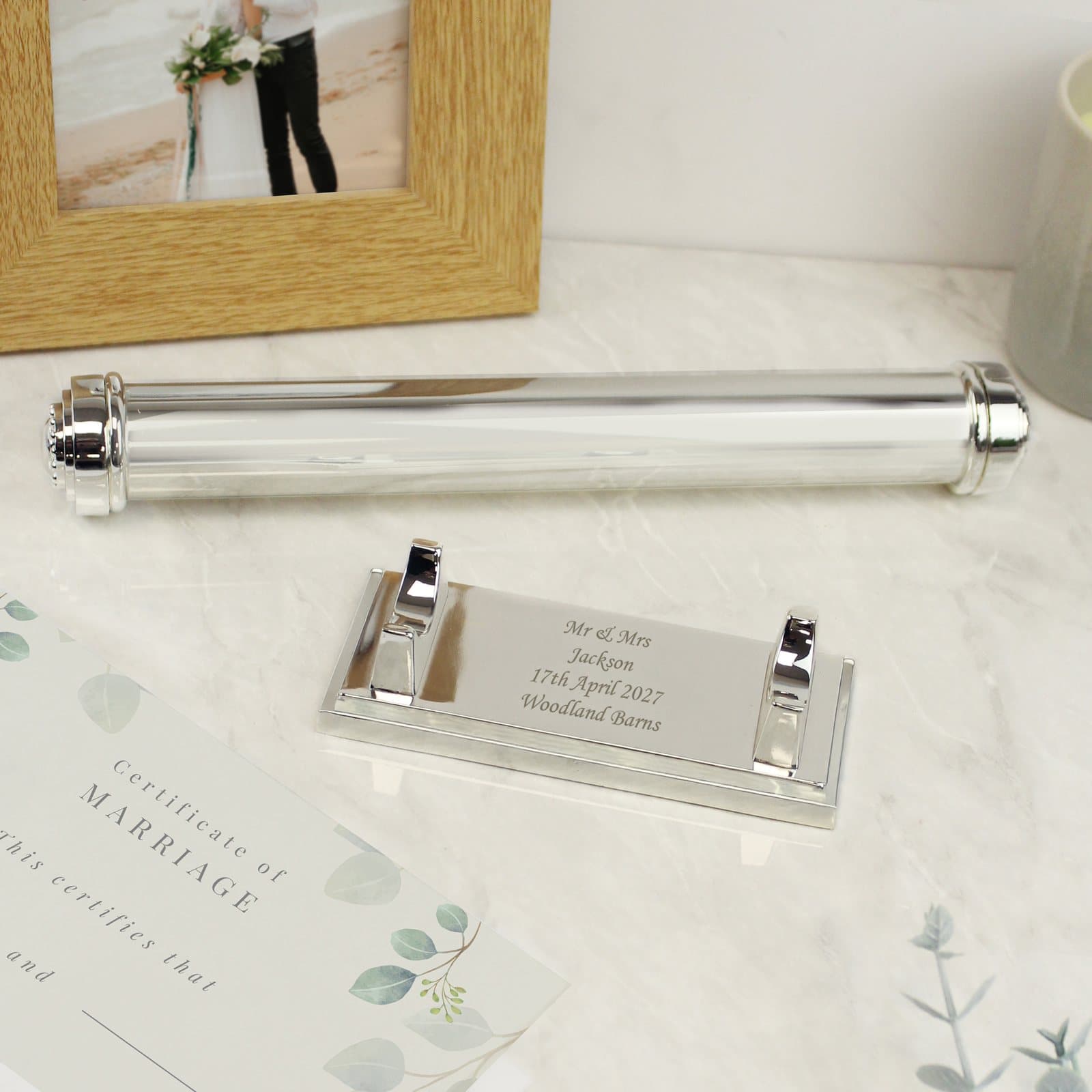 Silver plated certificate holder with a personalised stand