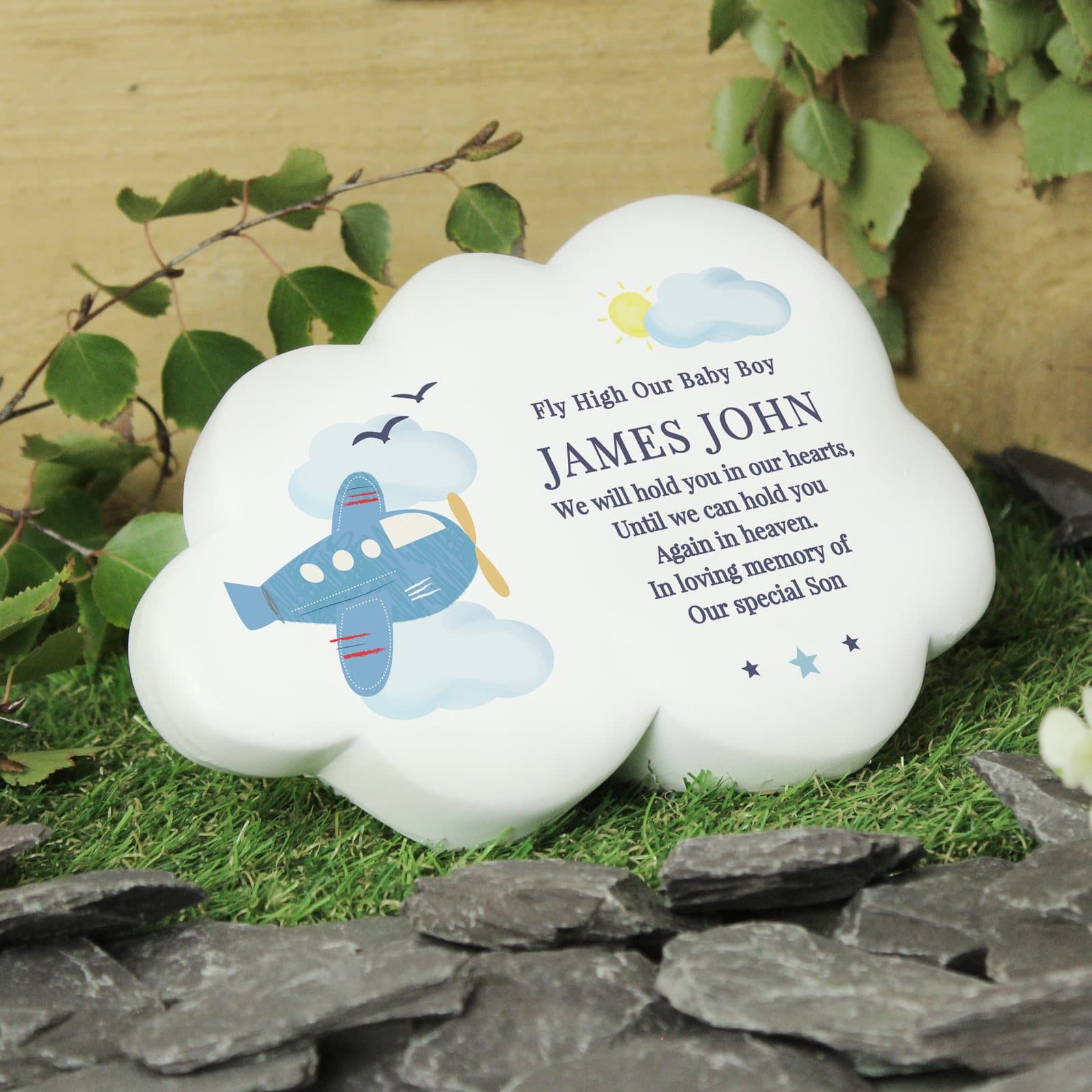 Resin memorial cloud ornament with seven lines of text