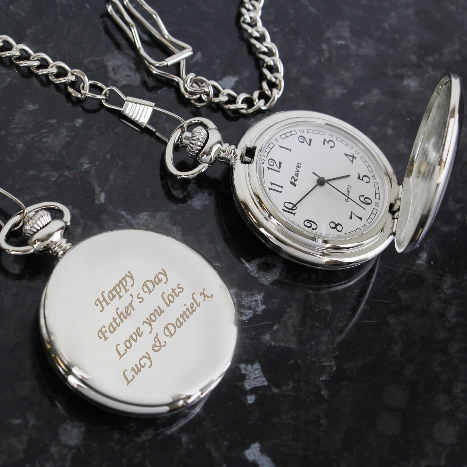 Chrome plated pocket fob watch with chain and personalised case front