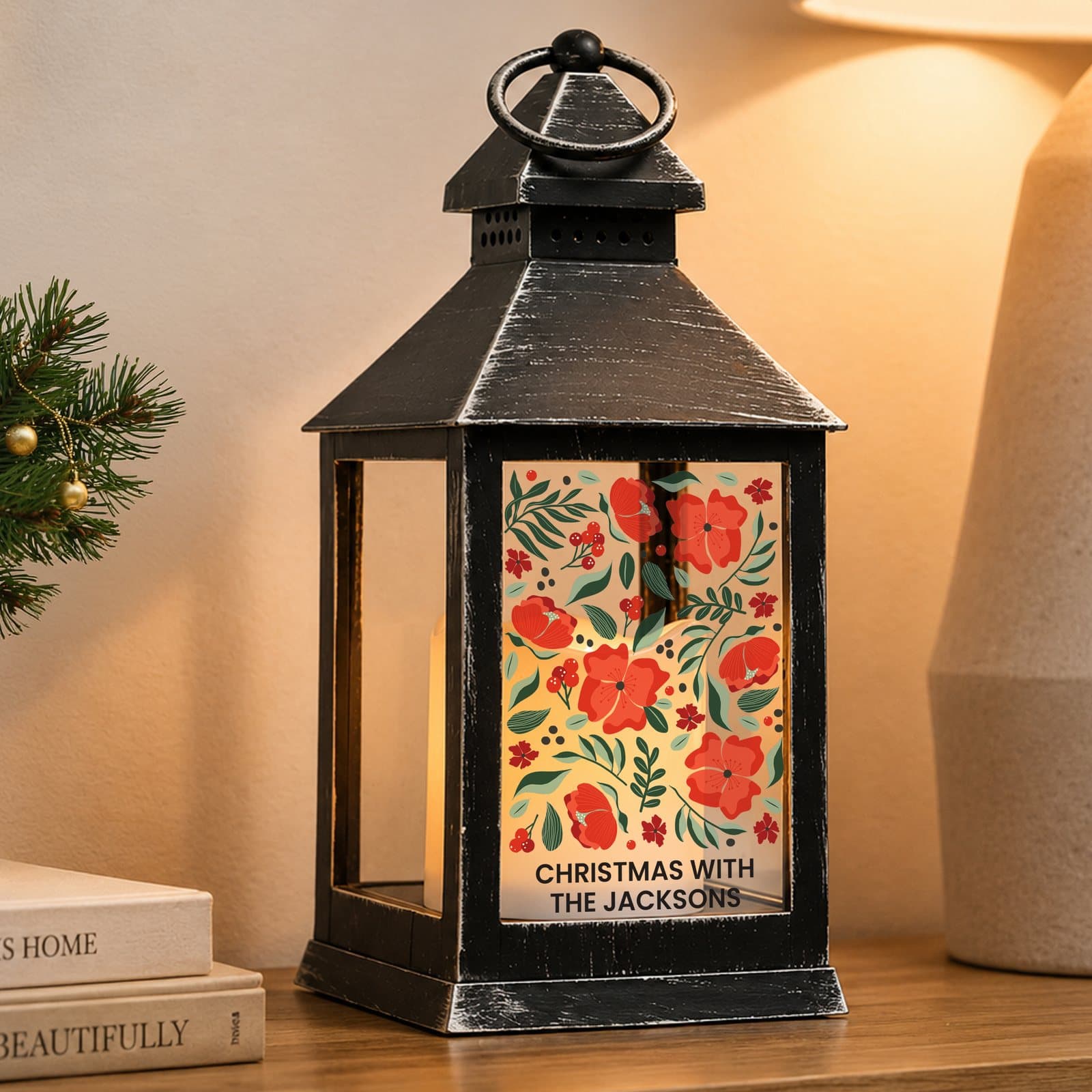 Black poinsettia LED lantern with hoop and personalised text