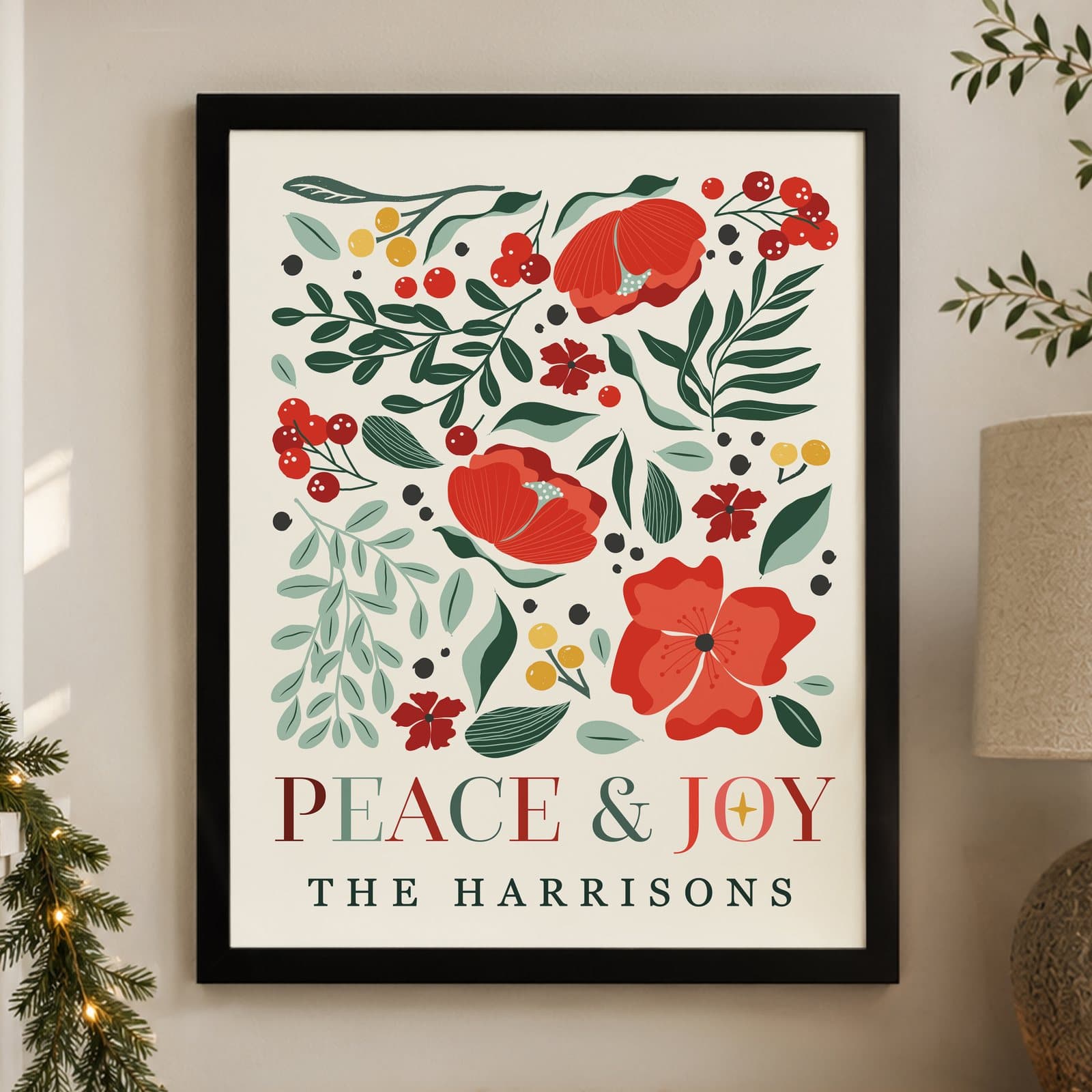 Black framed poinsettia print with PEACE AND JOY and a personalised line
