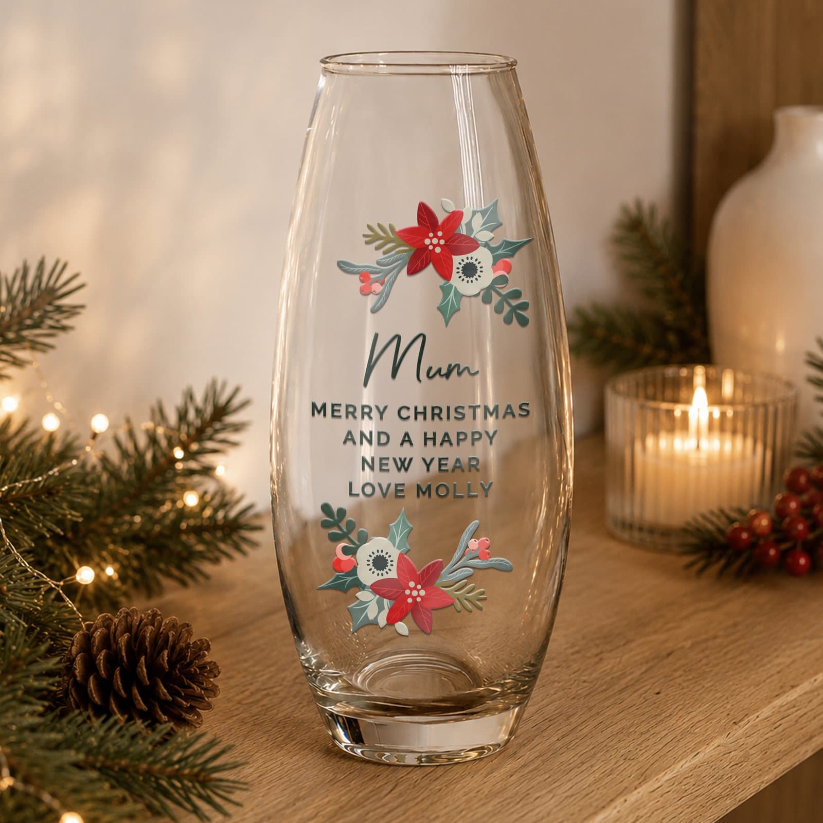 Personalised glass bullet vase with a poinsettia design