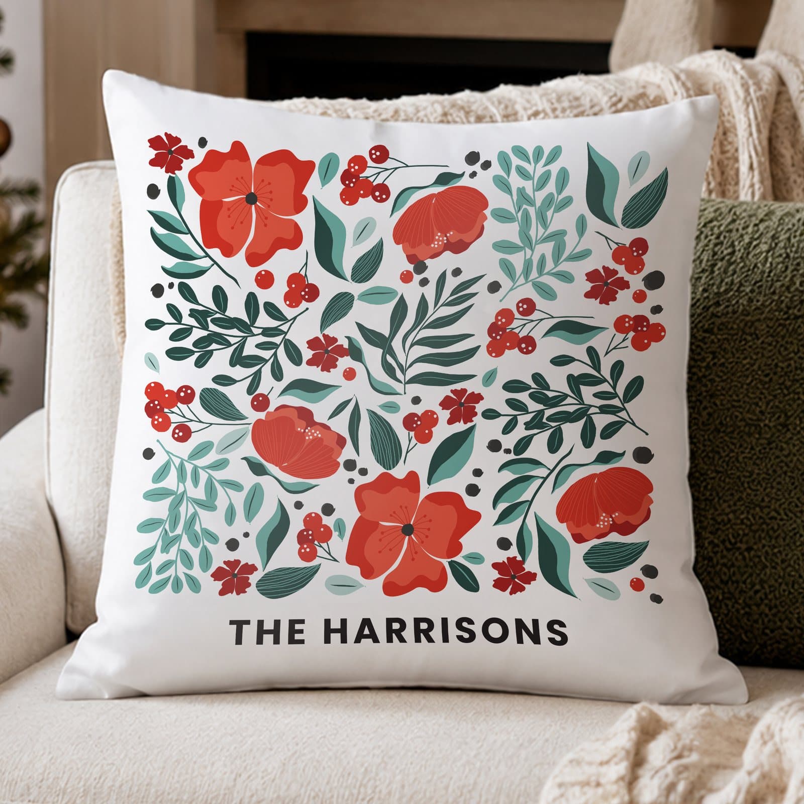 Poinsettia Christmas cushion personalised with one line of text