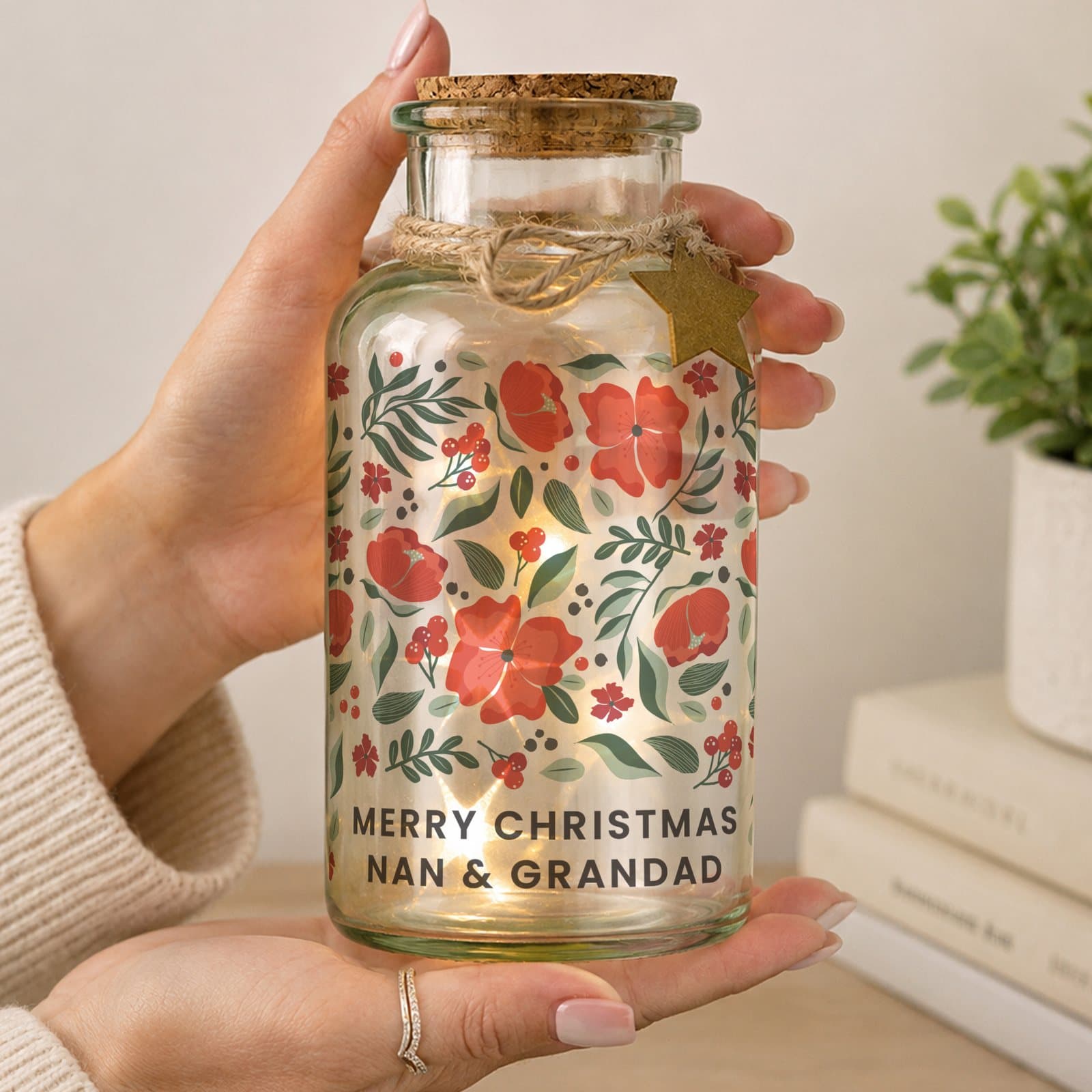Personalised poinsettia LED glass jar