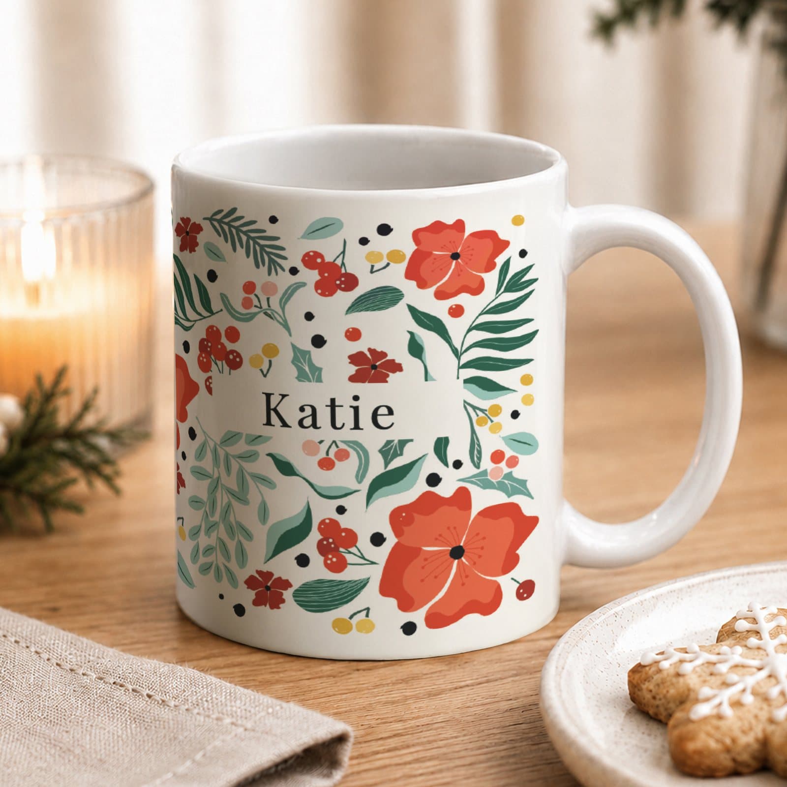 Poinsettia pattern Christmas mug personalised with a name
