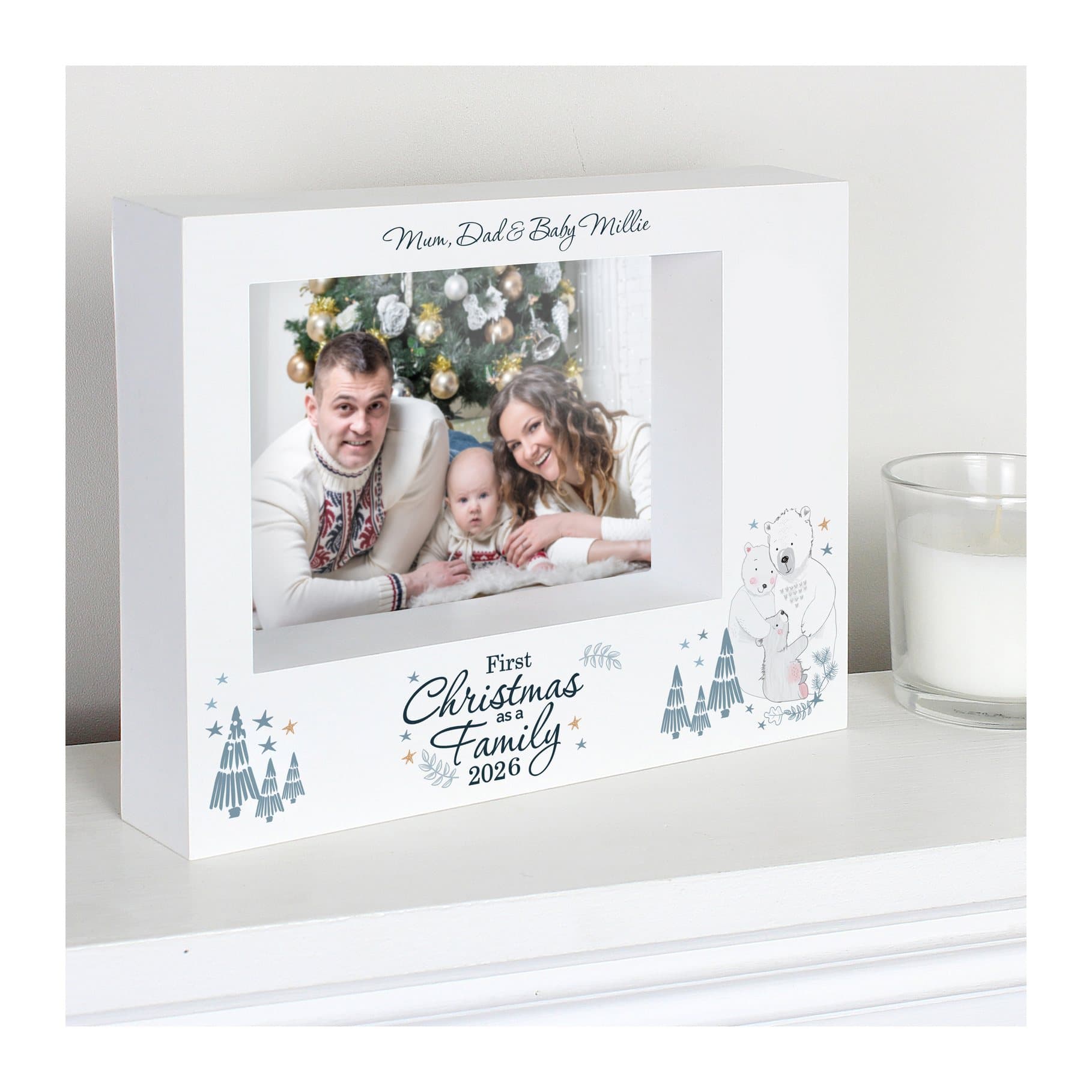 Box photo frame with two adult bears and a Baby Bear for a first Christmas as a family
