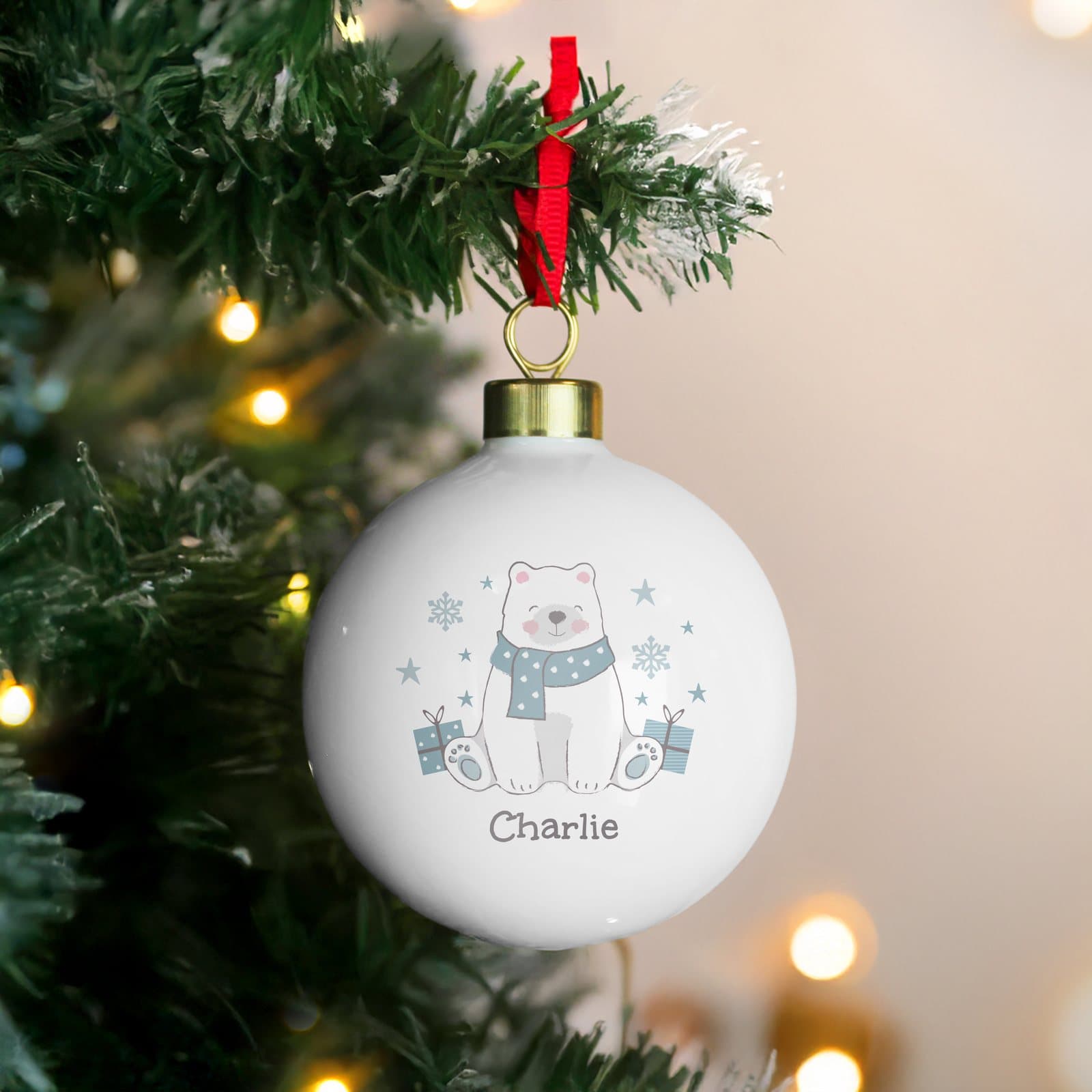 Polar bear Christmas bauble with a ribbon for hanging