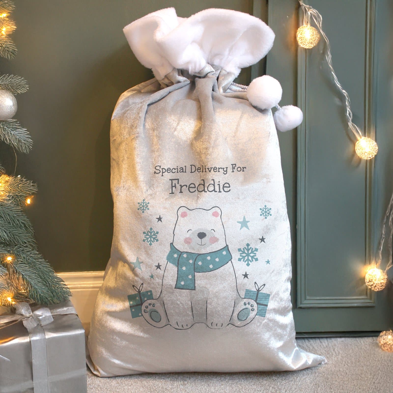 Personalised polar bear Christmas sack in fleece with 'Special Delivery' For and a name