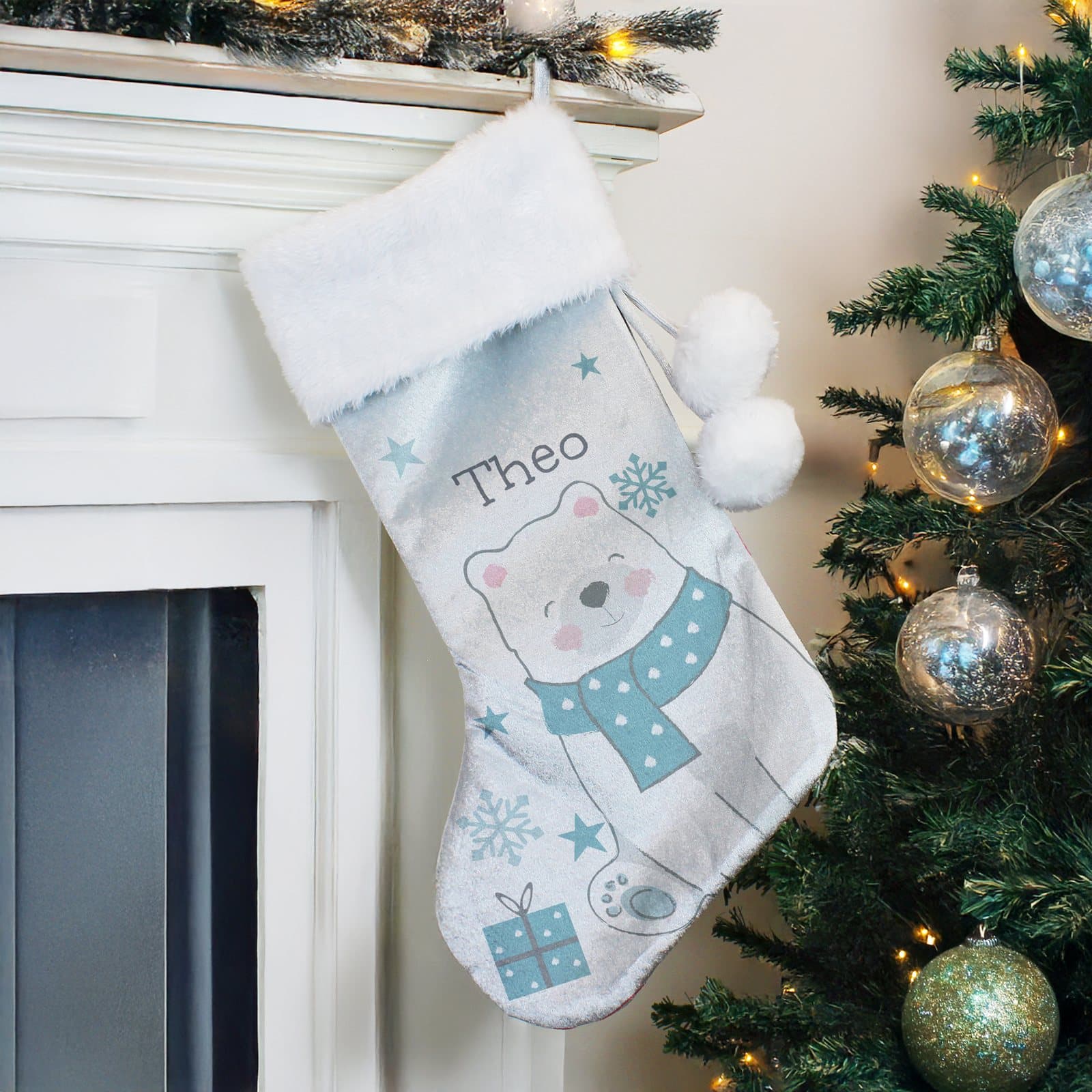 Velvet polar bear Christmas stocking with a plush white cuff and a name