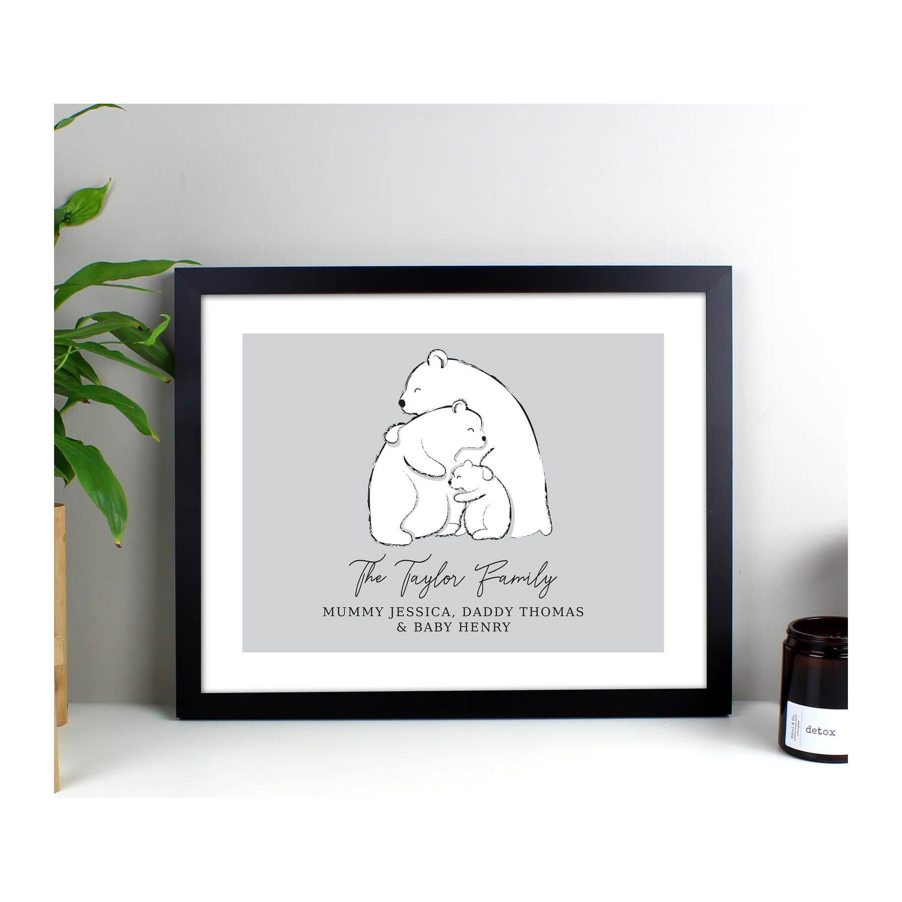 Black framed print of three polar bears with a personalised three-line message