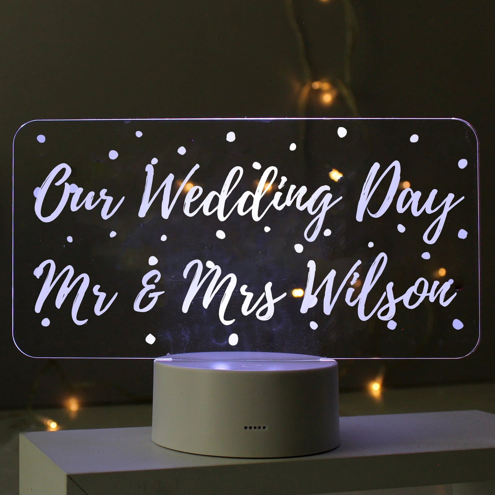 Polka-dot LED night light with an acrylic sign showing a personalised message