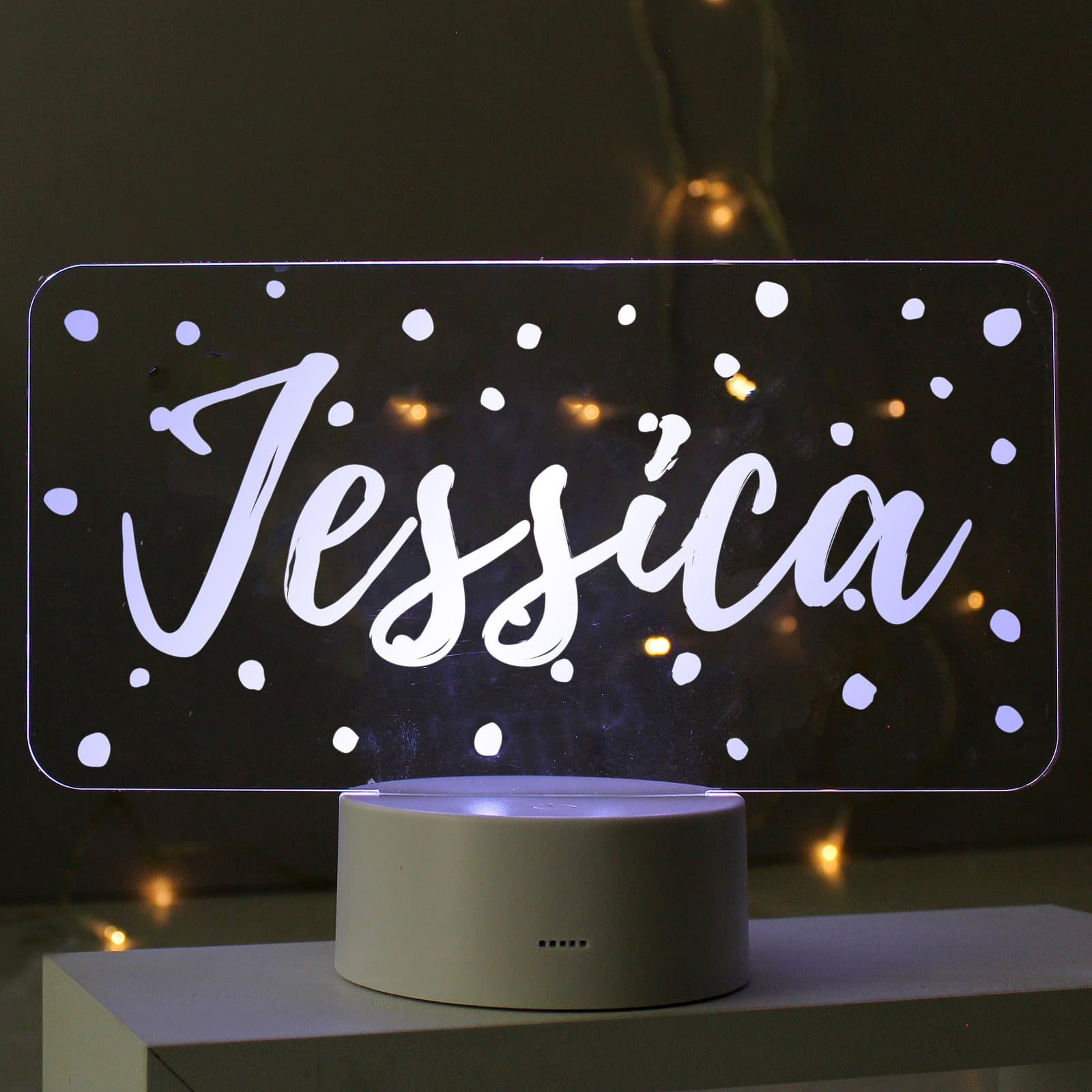 Polka-dot LED night light with an acrylic sign showing a personalised name