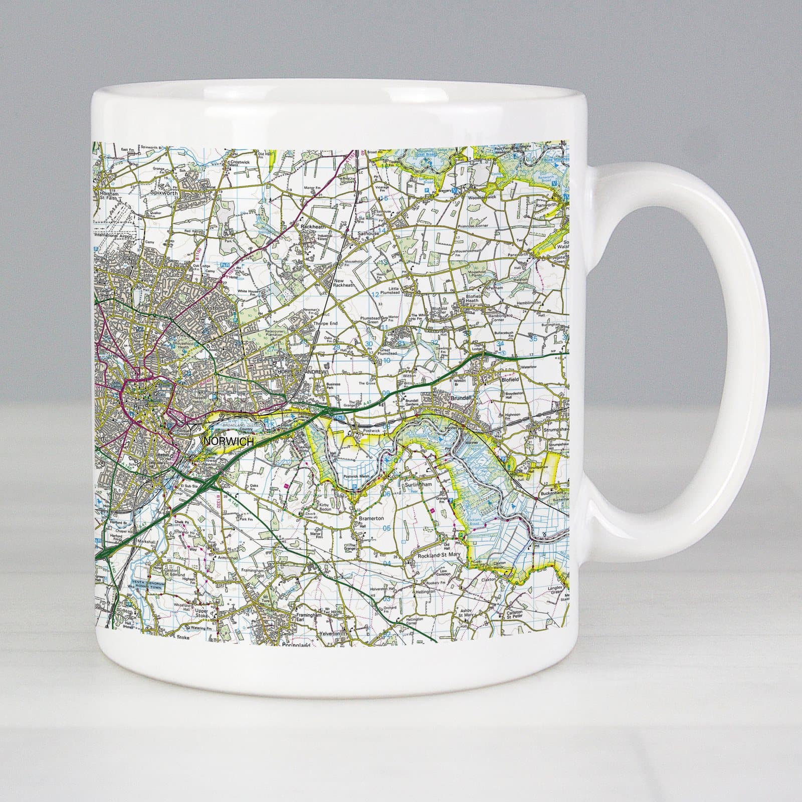 Ceramic mug showing a map of the area around a chosen postcode