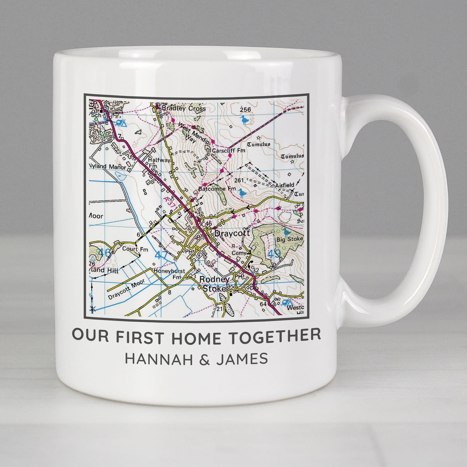 Ceramic map mug showing the area around a postcode with a message