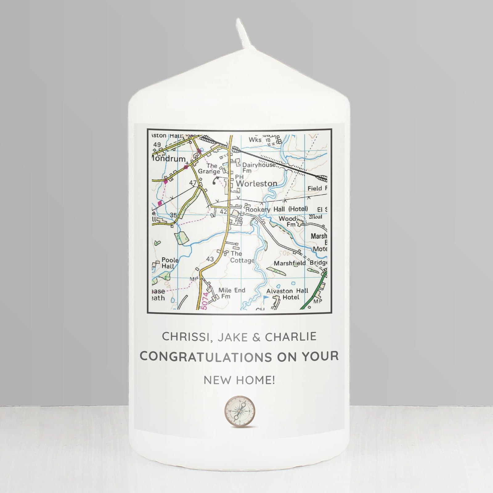 Personalised present day map compass pillar candle with organza bag