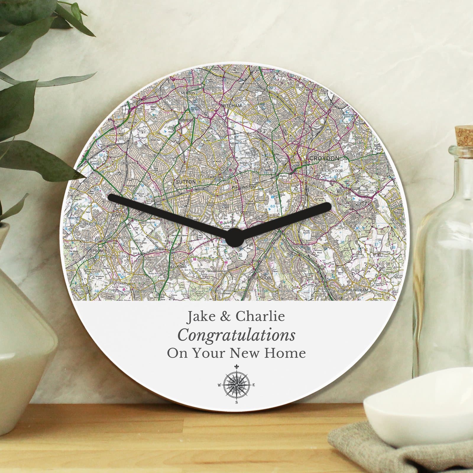 Wooden clock with a map design, personalised with a postcode