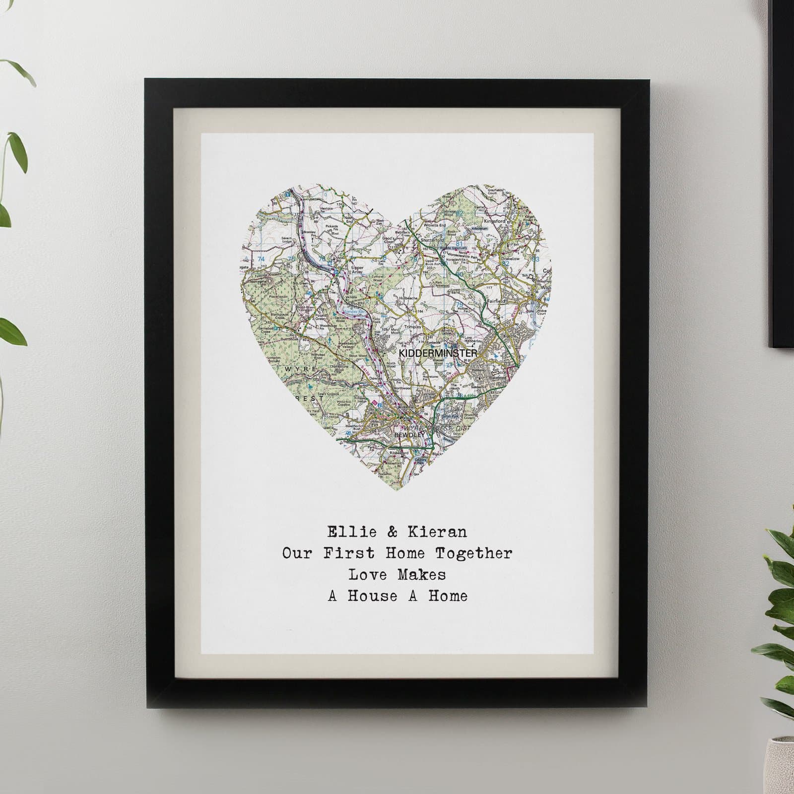 Black or white framed map print of a local area with a heart design and message