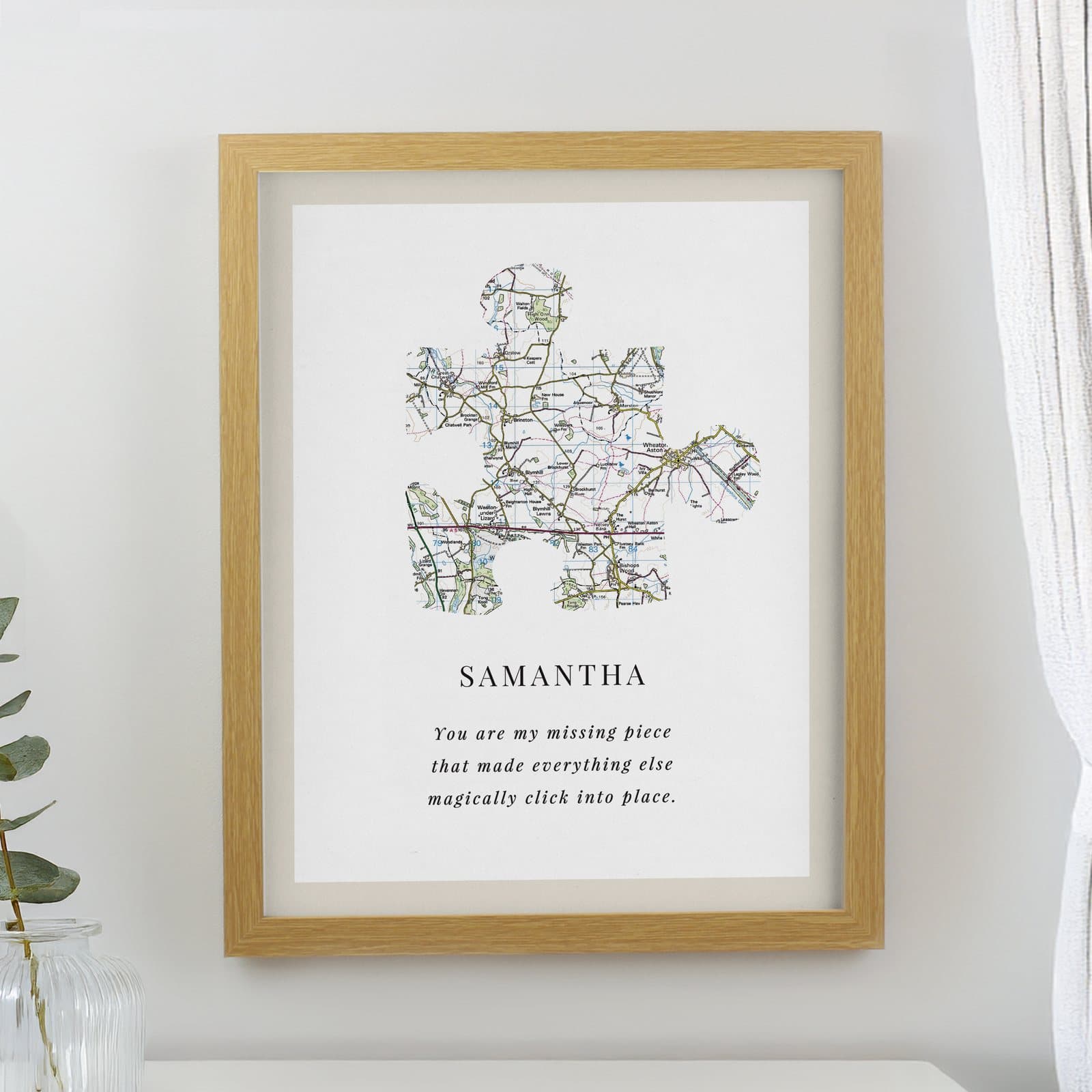Personalised present day map print in an oak frame