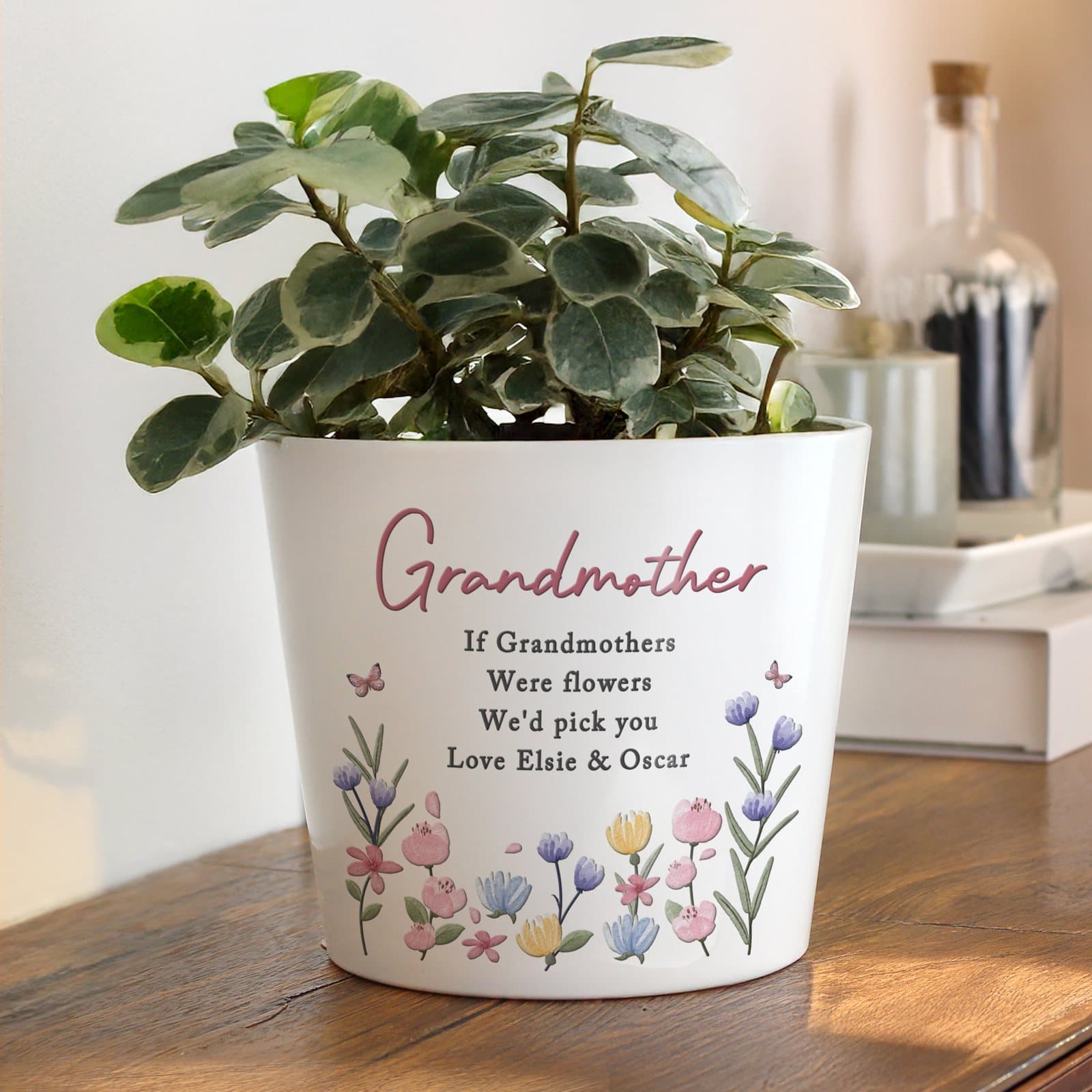 Large ceramic floral plant pot with personalised text